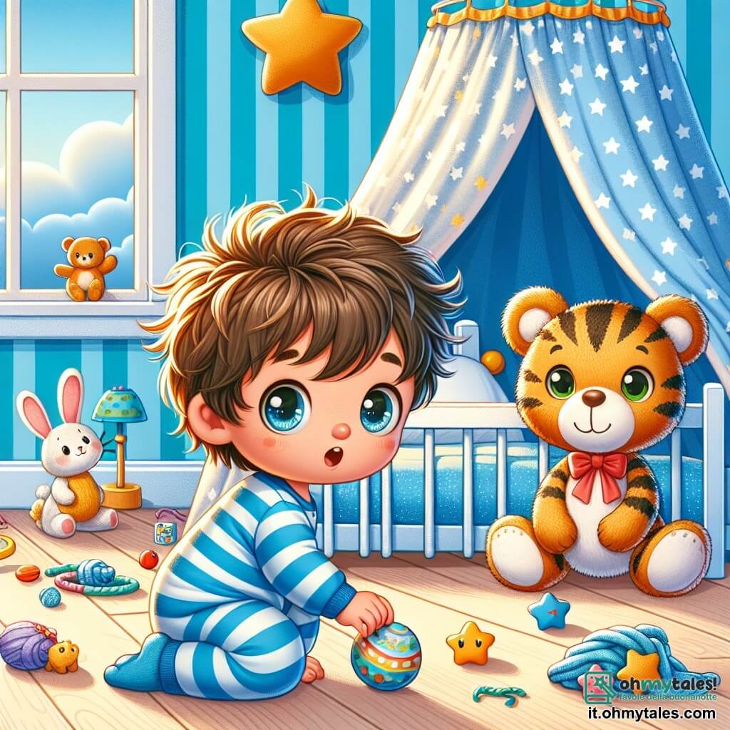 Un bambino di 2 anni, Leo, con capelli castani disordinati e grandi occhi brillanti, cerca il suo peluche nella sua stanza. Indossa un pigiama a righe blu e giallo, e il suo viso esprime una leggera preoccupazione mista a eccitazione. Accanto a lui, il suo orso di peluche, un grande orso marrone con un fiocco rosso attorno al collo, sembra incoraggiarlo, seduto a terra con un'espressione amichevole. Più lontano, il gatto Minù, un piccolo gatto tigrato con occhi verdi brillanti, gioca con un gomitolo di lana, osservando Leo con curiosità. La stanza è colorata, con pareti dipinte di azzurro chiaro, giocattoli sparsi sul pavimento e un letto a baldacchino con lenzuola a motivi di stelle. Una finestra lascia entrare la dolce luce del sole, illuminando la stanza. La scena principale mostra Leo, accovacciato, che guarda sotto il letto con un'espressione determinata, mentre il suo orso e Minù lo incoraggiano a trovare il suo prezioso peluche, il piccolo coniglietto blu.