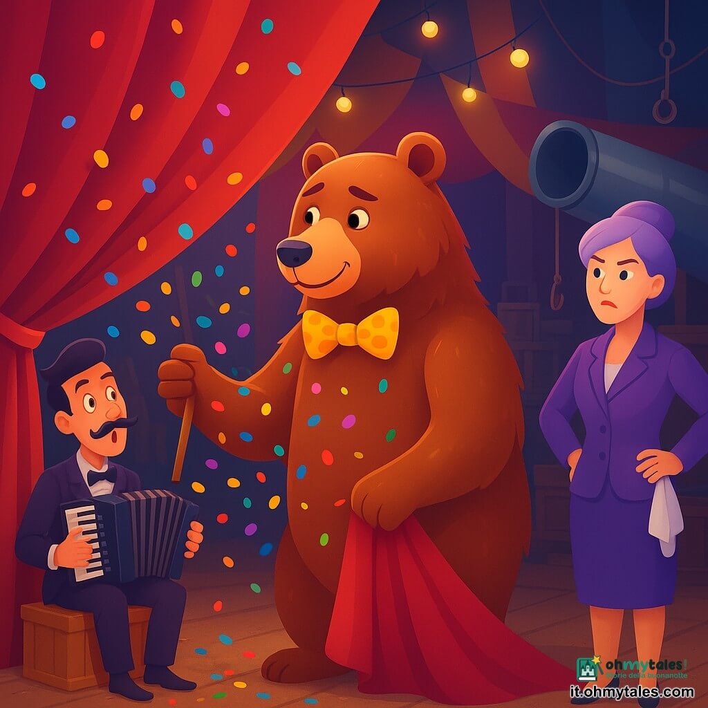 Un grande orso bruno antropomorfo dal pelo lucido con fiocco giallo a pois, sorriso determinato ma imbarazzato, tiene con una zampa il pesante tendone rosso di velluto e con l'altra una grande scopa mentre coriandoli multicolori gli cadono addosso; a sinistra, un piccolo musicista umano snello, fisarmonicista con baffi a manubrio e sguardo sorpreso ma divertito, seduto su una cassa e con la fisarmonica da cui escono coriandoli e paillettes; dietro a destra la direttrice elegante di mezza età con capelli lavanda e tailleur viola, severa ma sollevata, mano sul fianco e un panno in mano osserva la scena; sullo sfondo le quinte del tendone con tavole consumate, luci calde, corde, casse impilate e un grande cannone metallico per coriandoli semiaperto che ha esploso una pioggia di carta: il cannone ha allagato le quinte e l'orso, coperto di carta colorata, cerca di aprire e tenere il tendone senza farsi prendere dal panico mentre musicista e direttrice reagiscono, atmosfera caotica e comica.