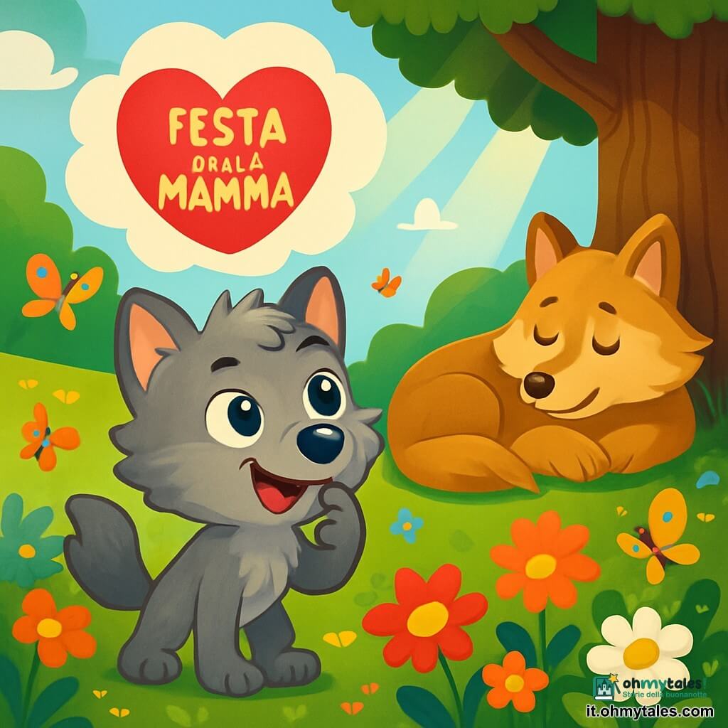 Un piccolo lupo di nome Leo, con un morbido pelo grigio, occhi brillanti di curiosità e un sorriso malizioso, si trova in una radura soleggiata, circondato da fiori colorati. Sembra eccitato e determinato, alla ricerca di un'idea per sorprendere la sua mamma. Vicino a lui, una mamma lupo dal pelo marrone dorato, con uno sguardo tenero e affettuoso, dorme pacificamente sotto un grande albero, le zampe ripiegate e il volto sereno. Il luogo è una radura magica, piena di fiori brillanti, farfalle che svolazzano e un dolce raggio di sole che filtra tra le foglie degli alberi. La scena principale mostra Leo che riflette intensamente, gli occhi spalancati dall'entusiasmo, mentre osserva la bellezza della natura che lo circonda, pronto a trovare la sorpresa perfetta per la festa della mamma.