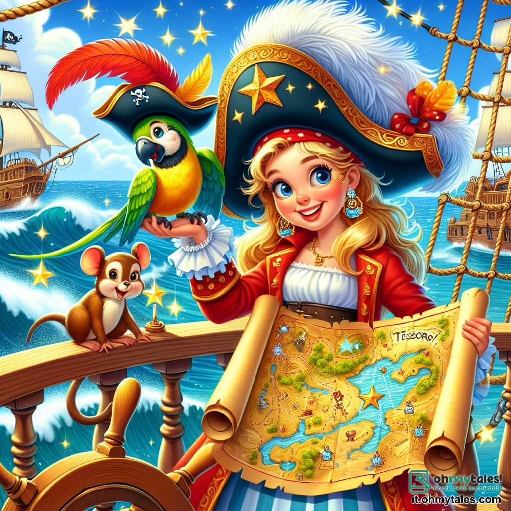 La Capitana Stella, una donna dallo sguardo determinato e dal sorriso splendente, indossa un grande cappello rosso decorato con una piuma dorata. È in piedi sul ponte della sua nave, tenendo una mappa del tesoro con stelle brillanti disegnate sopra. Accanto a lei, il piccolo pappagallo Pico, con piume verdi e gialle, è posato sulla sua spalla, che grida gioiosamente: “Tesoro! Tesoro!” Poco più in là, il giovane topolino Leo, un ragazzino con orecchie a punta e un cappello da pirata, guarda la mappa con curiosità, mentre la scimmietta Mimi, una bambina dagli occhi maliziosi e dalla coda arricciata, scala l'albero maestro, osservando l'orizzonte con eccitazione. Il luogo è una magnifica nave pirata, con vele bianche che sventolano al vento, cordami avvolti e un cielo blu punteggiato di nuvole soffici. Il mare scintilla sotto il sole, con onde dolci che si infrangono contro lo scafo della nave. La scena principale mostra la Capitana Stella mentre svela la mappa del tesoro al suo equipaggio, piena di entusiasmo e coraggio, pronta a partire per un'avventura verso un'isola misteriosa ricca di promesse e misteri.