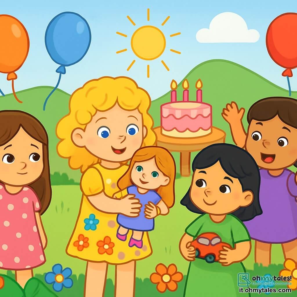 Ci sono 4 bambini: Sofia, una bambina di 4 anni con lunghi capelli castani e occhi brillanti, indossa un vestito rosa a pois bianchi e si trova a sinistra con un leggero sorriso ma un'espressione di tristezza negli occhi. Emma, una bambina di 4 anni con capelli biondi ricci e occhi blu, indossa un vestito giallo con fiori colorati e si trova al centro, tenendo una bella bambola. Giulia, una bambina di 4 anni con capelli neri e occhi marroni, indossa un vestito verde e si trova a destra di Emma, sorridente con una piccola macchina rossa in mano. Mia, una bambina di 4 anni con capelli castani e trecce, indossa un vestito viola e si trova accanto a Giulia, sollevando le braccia in aria con entusiasmo. La scena si svolge in un giardino soleggiato, pieno di palloncini colorati e con una grande tavola decorata con una torta di compleanno circondata da fiori multicolori. I raggi di sole illuminano lo spazio, creando un'atmosfera gioiosa. I quattro bambini giocano insieme attorno alla bambola di Emma; Sofia, che inizialmente era un po' triste, sorride ora guardando la bambola, mentre Emma invita le sue amiche a giocare con lei. Gli altri bambini ridono e si divertono, creando un'atmosfera di condivisione e amicizia.