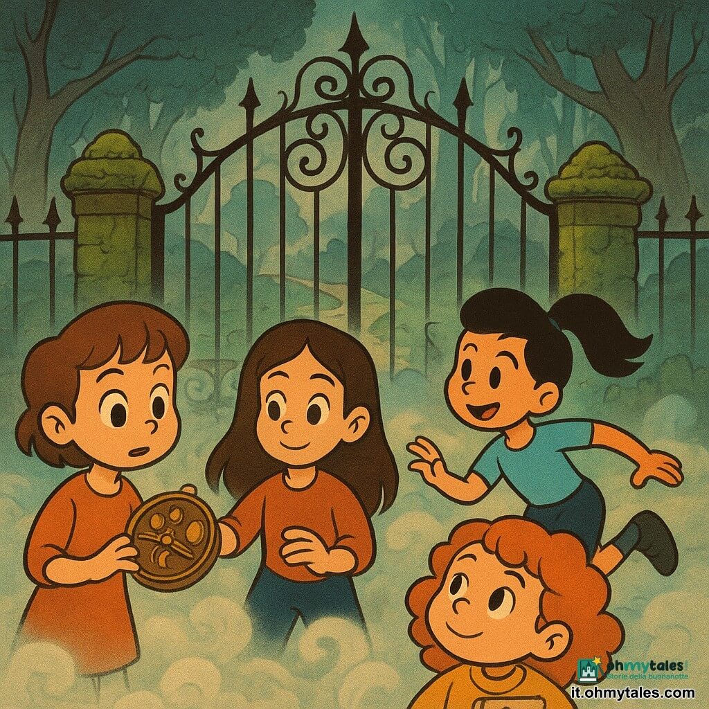 Ci sono quattro bambine davanti al vecchio cancello in ferro battuto del Parco delle Nebbie: Ada (~12 anni) a sinistra, capelli castani corti, tiene una vecchia bussola di rame con quattro lune incise e la apre guardandola; Lia (~11 anni) a destra, capelli neri raccolti in coda, pronta a correre; Noor (~12 anni) al centro-retro, pelle abbronzata e capelli lunghi lisci, sfiora le incisioni della bussola con mano calma; Mira (~11 anni) in primo piano, capelli ricci rossi, stringe un piccolo taccuino di disegni e si china verso il cancello con aria meravigliata. Il cancello è coperto di gocce di rugiada, pilastri di pietra muschiosi; una leggera bruma argentata scende tra alberi alti e contorti e tre sentieri sono visibili oltre le sbarre. La bussola mostra un ago vibrante che punta verso l'interno del parco, la bruma avvolge le loro gambe e l'atmosfera è di meraviglia e imminente avventura con una luce dolce di fine pomeriggio dorata e bluastra.