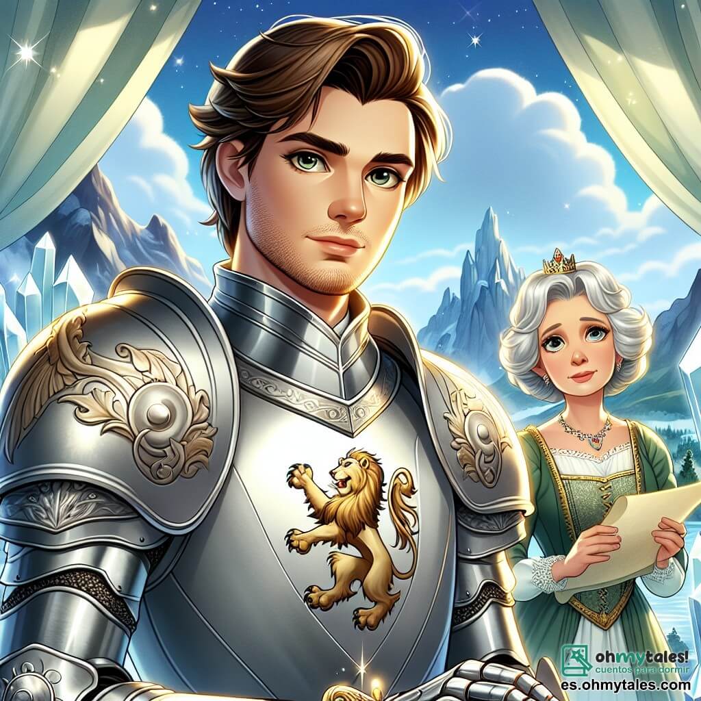 En primer plano, Sir Alaric, un valiente caballero de unos treinta años, se presenta con una postura orgullosa y decidida. Lleva una armadura brillante adornada con un emblema de león, su rostro refleja concentración y valentía, con cabello castaño ligeramente ondulado y ojos penetrantes. Empuña una espada reluciente, listo para defender su reino. A su lado, Lady Elenora, una sabia consejera de unos 50 años, observa con expresión de preocupación. Tiene cabello plateado, un rostro suave y ojos llenos de sabiduría. Viste un elegante vestido verde y sostiene un pergamino en sus manos, como si estuviera aconsejando a Alaric. El escenario se sitúa en la cima de la Montaña de Cristal, donde rocas brillantes y cristales iluminan el paisaje. Al fondo, el cielo es de un profundo azul, salpicado de nubes blancas, mientras una ligera bruma envuelve la montaña, añadiendo un toque de misterio. La situación principal muestra a Alaric preparándose para enfrentar al Dragón de Niebla, un enorme dragón de escamas plateadas y ojos llameantes, que se erige majestuosamente frente a él, listo para defender la Esfera de Luz. Las tensiones son palpables, y el aire está cargado de una energía heroica, mientras el destino del reino descansa sobre los hombros de Alaric.
