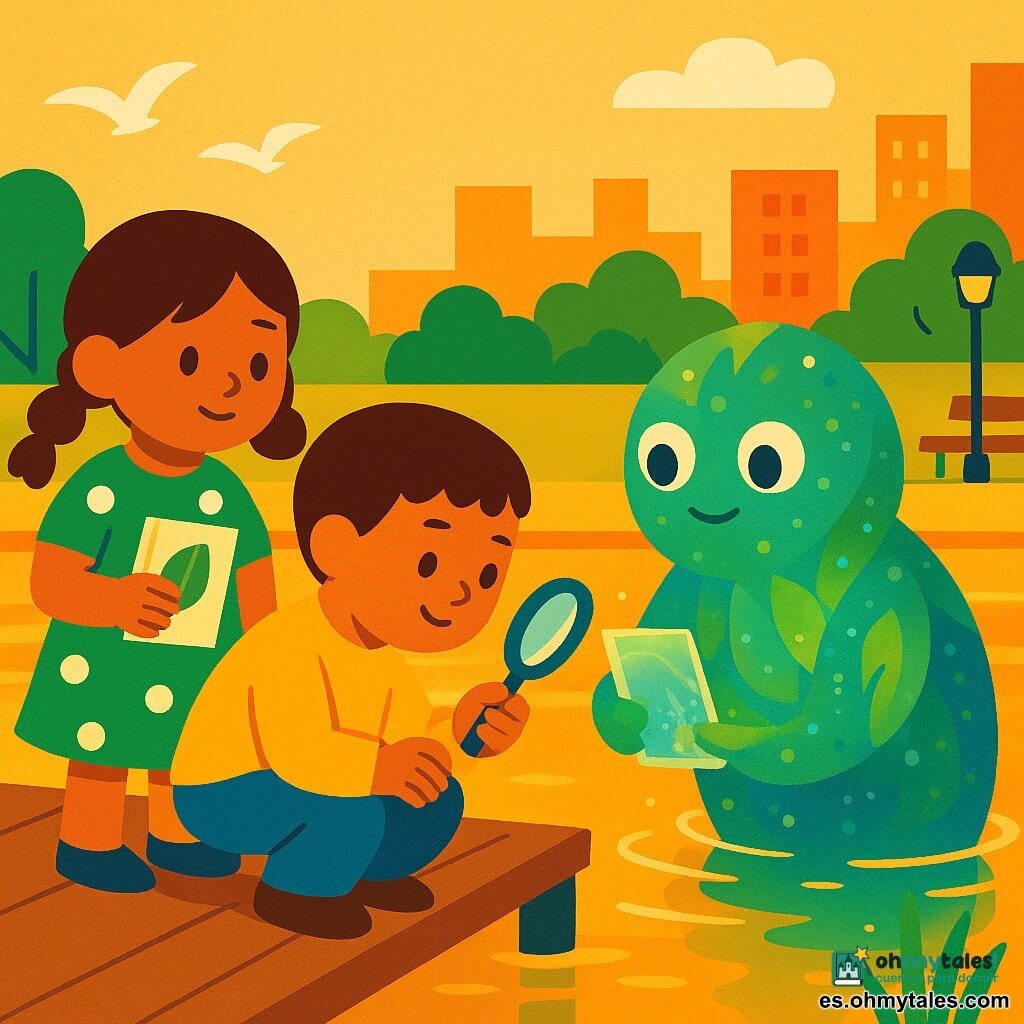 Hay tres personajes: Luna, niña de 5 años con coletas castañas y vestido verde de lunares, sostiene un pequeño cuaderno de herbario contra el pecho y está de pie a la izquierda del muelle mirando a la criatura con sorpresa y ternura; Mateo, niño de 5 años de pelo castaño corto con suéter amarillo, agachado junto a Luna y mirando el agua con una lupa de plástico en la mano derecha; y una criatura acuática extraterrestre, pequeña y redondeada del tamaño de un niño, piel de hojas translúcidas que cambian de verde a azul, ojos perla grandes, cubierta de burbujas brillantes, medio emergiendo del agua frente a los niños, sosteniendo un cuaderno translúcido y ofreciendo una hoja luminosa a Luna. Lugar: muelle de madera algo gastado junto a un amplio río tranquilo con agua espejo y reflejos dorados, cañas y algunas gaviotas, fondo de ciudad con bloques de colores suaves, bancos y farolas estilizadas. Situación: encuentro amistoso en la orilla mientras la criatura sale del río dejando burbujas, los niños maravillados intercambian cuadernos y una hoja luminosa; atmósfera cálida en tonos pastel saturados y contrastes definidos como un cartel de bloques de color.