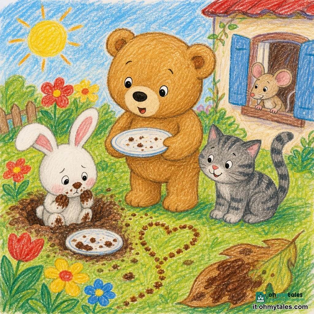 Grande orsacchiotto marrone chiaro con occhi rotondi neri e sorriso dolce, sorpreso e gioioso, in piedi su due zampe che tiene un piattino con alcune briciole; piccolo coniglio timido bianco dalle grandi orecchie rosa, muso e zampe macchiati di cioccolato, seduto in una piccola buca del giardino con sguardo abbassato e mani sporche vicino all'orsetto; gatto grigio tigrato dal sorriso malizioso e coda alta seduto sul prato a osservare; topo beige sottile vicino a una finestra che guarda il giardino; giardino soleggiato con erba verde, fiori semplici e colorati, un sentiero di briciole a forma di cuore e una grande foglia macchiata di marrone; piccolo piattino di ceramica bianca vuoto con tracce di torta e briciole; atmosfera calda e dolce, colori vivaci, contorni naif e tratti a matita visibili, composizione centrata su orsetto e coniglio per mostrare scoperta e gentilezza.
