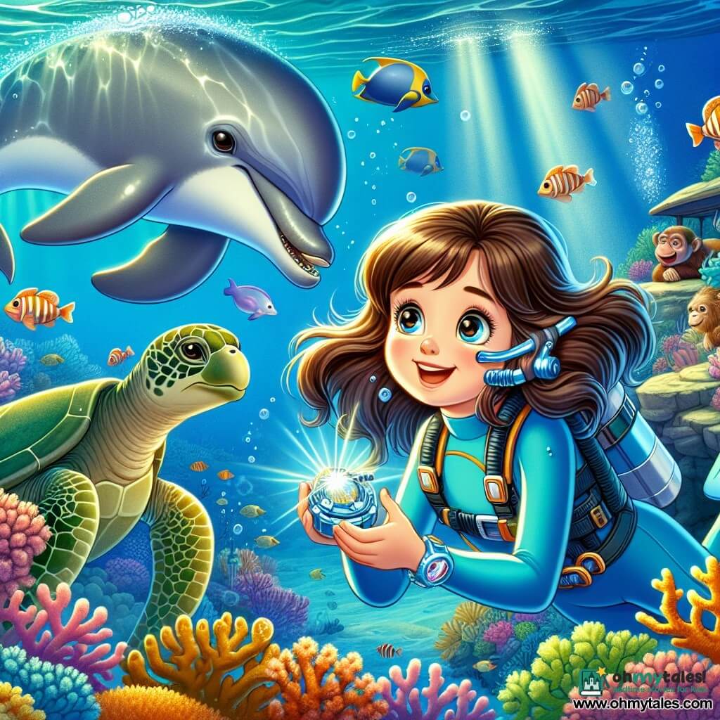 An 8-year-old girl named Lily, with long brown hair floating in the water, wears a bright blue wetsuit. She has a look of wonder on her face, her eyes sparkling with curiosity as she holds a shiny tool in her hands. Beside her is a joyful dolphin named Dazzle, with gleaming gray skin, swimming gracefully, his eyes twinkling with mischief. In the background, a wise old turtle, Tucker, with a green shell and gentle eyes, watches the scene from a coral-covered rock. The setting is a beautiful coral reef, filled with vibrant corals, colorful fish, and rays of light filtering through the clear water. The main scene shows Lily discovering a tool hidden in an underwater cave, surrounded by her marine friends, ready to take on the challenge of fixing her grandfather's boat.