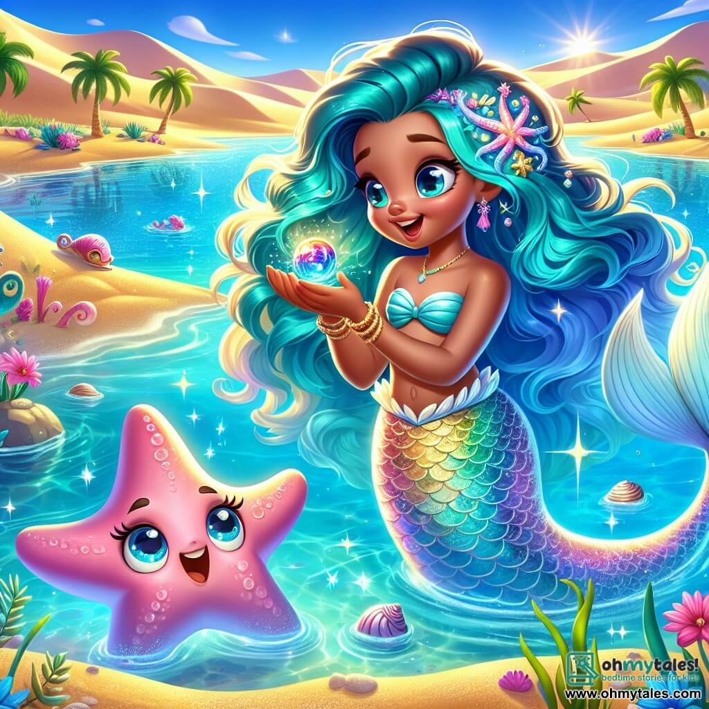 Marina, a mermaid with long wavy turquoise hair, joyfully swims in a shimmering oasis, her face glowing with wonder. Her fish tail, adorned with iridescent patterns, sparkles in the sunlight as she holds a brightly colored magical stone in her hands. Beside her, Starry, a small vibrant pink starfish, floats in the water, his eyes sparkling with curiosity. He enthusiastically gestures, encouraging Marina to explore further. The oasis is surrounded by golden dunes glistening in the sun, with palm trees gently swaying in the breeze. Colorful flowers line the clear water, creating an enchanted atmosphere. In this scene, Marina discovers the magical stone she found, awed by its beauty, while Starry encourages her to embark on an adventure to return it to the Wind Spirit, creating a sense of exploration and camaraderie.