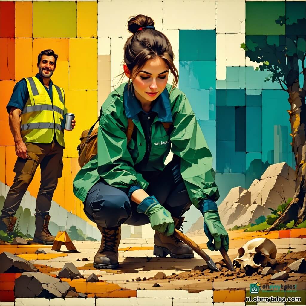 Vrouwelijke archeoloog (30–40) met bruin haar in een knot, knielend en geconcentreerd, draagt een groene werkjas met “Werk met respect” op de rug en houdt met handschoenen een troffel bij een deels blootliggend bot; een mannelijke assistent (25) met korte haren, modderige laarzen en thermos staat linksachter, glimlachend en houdend een geel vlaggetje; een vrouwelijke specialist (30–40) met rugzak en bril hurkt rechts en bereidt een gelabeld buisje; een oudere dorpsvrouw (~60) staat achteraan met een eenvoudig mantel en notitieboekje bij een cirkel van stenen; plek: mistig ochtendveld met houten planken, aardetinten tapijt en een geïmproviseerde tafel met gereedschap; hoofdactie: voorzichtige vondst van een kleine bronzen fibula bij een gedeeltelijk blootgelegd skelet in een respectvolle, stille sfeer met langzame precieze handelingen, zichtbare texturen (vochtige aarde, groen-geverfd metaal, ruwe handschoenen); kleurenpalet: vlakke contrasterende tonen — diepe groenen, warme bruin-ocre en koper/groenpatina, zachte ochtendlichtsfeer, lange schaduwen en duidelijke contouren, kinderlijke maar gedetailleerde stijl.