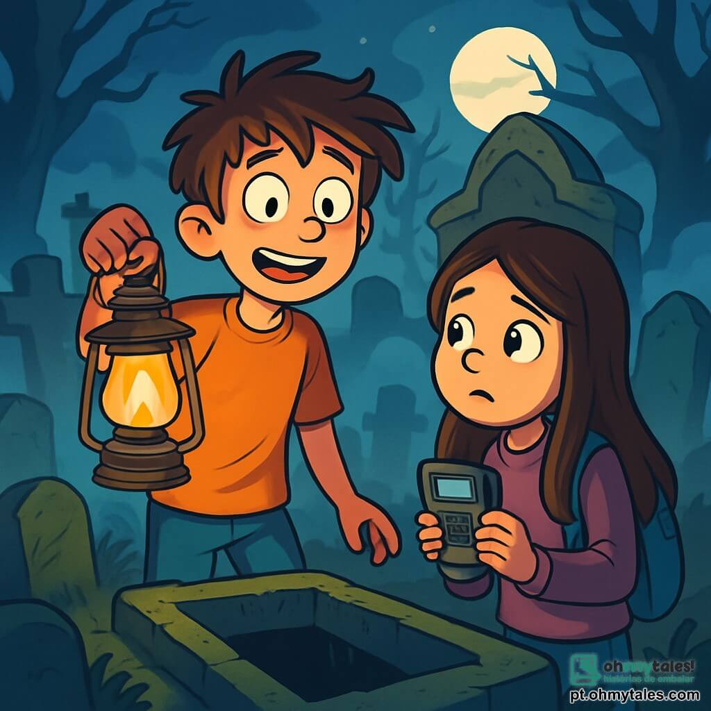 Um garoto de 12 anos, Lucas, com cabelos castanhos bagunçados e olhos arregalados, está no centro de um antigo cemitério, segurando uma lanterna. Seu rosto expressa excitação e um leve tremor de medo enquanto ele observa as sombras ao seu redor. Ao seu lado, sua melhor amiga Ana, uma menina de 11 anos com cabelos longos e castanhos, demonstra curiosidade misturada com apreensão, segurando firmemente um pequeno gravador. O cemitério está envolto em uma névoa densa, com lápides antigas cobertas de musgo e árvores tortuosas que parecem sussurrar segredos. A lua brilha fracamente, projetando sombras longas no chão, criando uma atmosfera misteriosa e levemente inquietante. Lucas e Ana estão diante de uma grande lápide, seus rostos iluminados pela luz trêmula da lanterna, enquanto descobrem uma abertura escura e estreita no solo, parecendo levar a um mundo desconhecido.