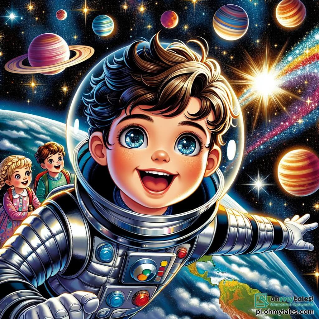 Młody astronauta, Janek, ośmioletni chłopiec, ma na sobie błyszczący, srebrny skafander kosmiczny i wielki, zachwycony uśmiech na twarzy. Jego oczy lśnią radością, gdy unosi się w przestrzeni kosmicznej, otoczony pięknymi, migoczącymi gwiazdami i kolorowymi planetami. W pobliżu grupa dzieci, trzech chłopców i dwie dziewczynki w wieku od 6 do 8 lat, patrzy na Janeka z podziwem. Jeden z chłopców, z rozczochranymi brązowymi włosami, podnosi rękę, aby przywitać swojego przyjaciela astronautę, podczas gdy dziewczynka z warkoczami wskazuje palcem na migoczącą gwiazdę, zachwycona. Scena rozgrywa się w nieskończoności kosmosu, gdzie planety w żywych kolorach, takie jak niebieska Ziemia i czerwona Mars, unoszą się na czarnym niebie usłanym lśniącymi gwiazdami. Janek, radośnie unosząc się w przestrzeni, pokazuje dzieciom cuda kosmosu, opowiadając fascynujące historie o gwiazdach i planetach, tworząc w ten sposób magiczny moment odkrywania i zachwytu.