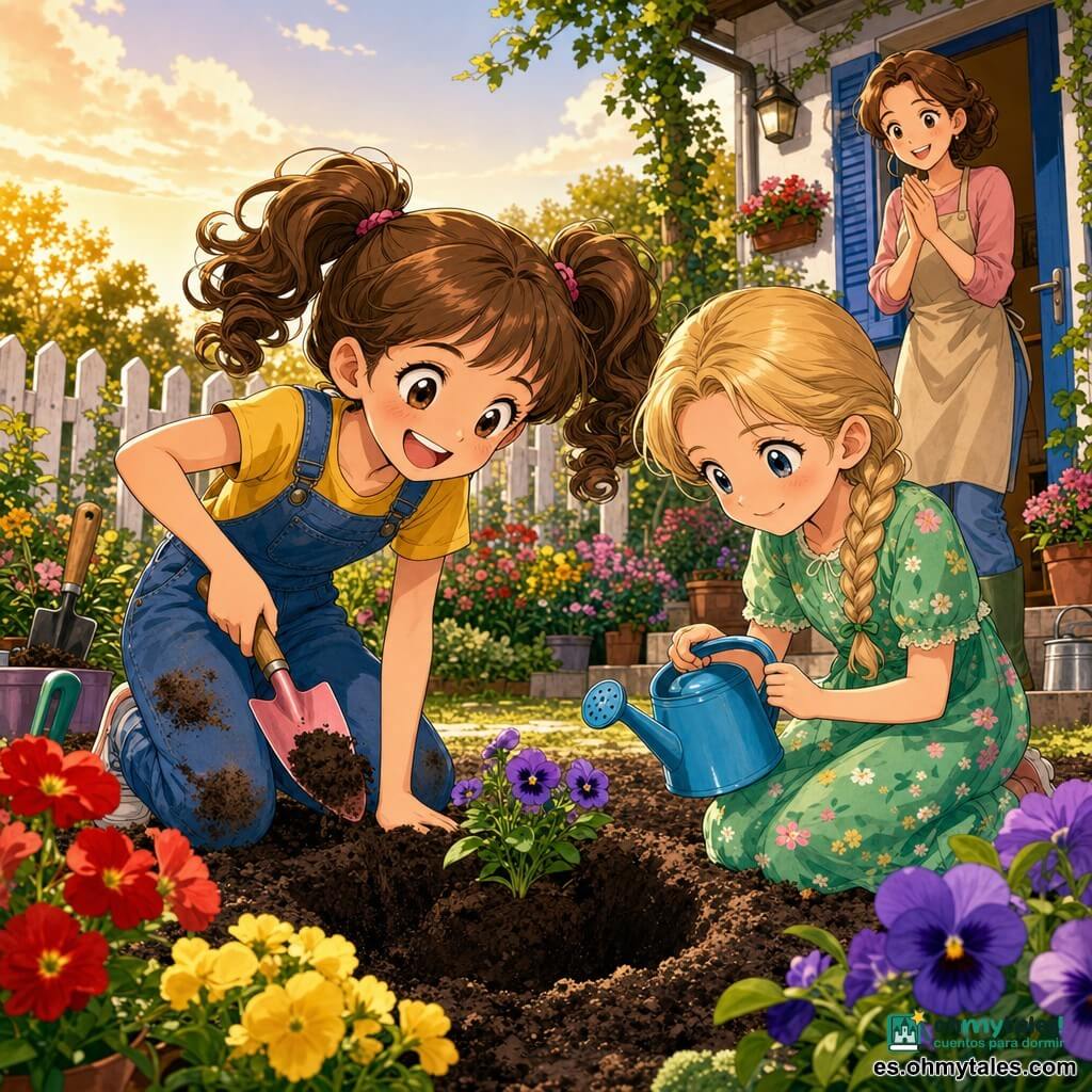 Niña de 8 años de energía desbordante con coletas castañas y sonrisa, entusiasta cavando un hoyo con una pala rosa y plantando una semilla; su amiga Clara, 9 años, rubia con trenzas y vestido verde, arrodillada con un regador azul, miradas cómplices; al fondo una madre de ~35 años sonriendo junto a la puerta del jardín; pequeño jardín suburbano al atardecer con luz dorada, parterres de flores multicolores, herramientas y una casita con puerta azul; escena alegre y dinámica de cooperación mientras plantan para un concurso vecinal.