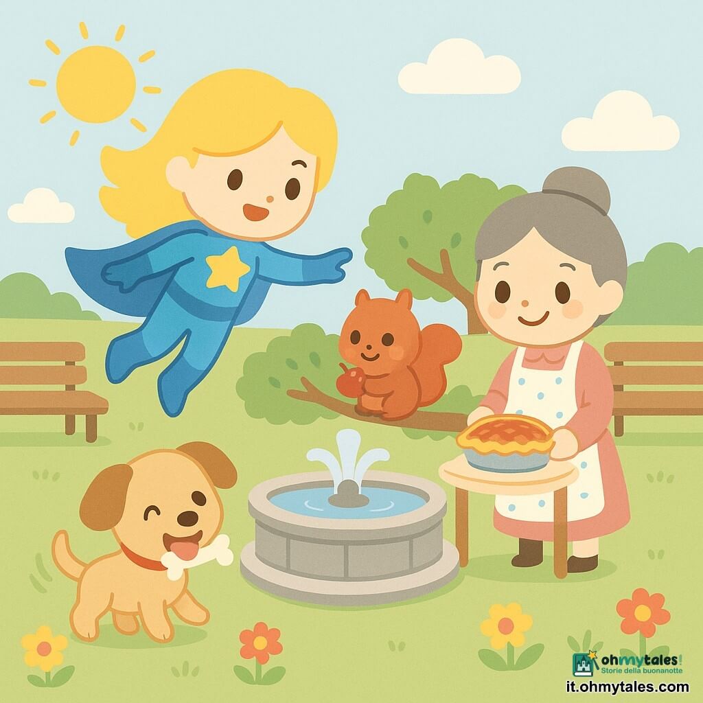La protagonista è una supereroina, Splenda Stella, sorridente e sicura, capelli gialli, costume blu con una grande stella dorata sul petto, che fluttua leggermente tendendo la mano per rassicurare gli amici; Leo è un cagnolino maschio, taglia bimbo di circa 5 anni, marrone chiaro con grandi orecchie cadenti, scodinzola felice tenendo un osso trovato vicino a Splenda Stella; Gigetto è uno scoiattolino rosso, paffuto, con le guance piene di tesori, seduto su un ramo basso della siepe, un po' timido ma sorridente con una ciliegia in mano; la signora Gina è una donna adulta, panettiera, capelli grigi raccolti, grembiule a pois, in piedi accanto a un tavolino con una crostata di ciliegie, serena e felice; il luogo è un parco cittadino colorato con prato verde, una fontana circolare di pietra, fiori rossi e gialli, una siepe bassa e alcune panchine sotto un cielo dolce e luminoso; situazione: inizia la festa, tutti si raccolgono attorno alla fontana tra risate e gesti di condivisione, colori pastello ed espressioni amichevoli.