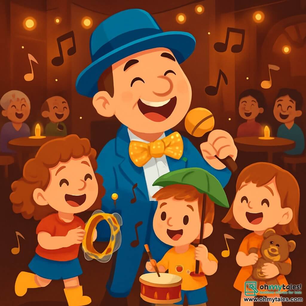 A smiling man, Mr. Sonny, is at the center of the scene. He wears a bright blue hat and a sparkling bow tie, with a joyful expression on his face. He holds a golden microphone and sings passionately. Next to him, Mia, an 8-year-old girl in yellow boots with curly hair, enthusiastically plays the tambourine. Max, a 7-year-old boy with a green umbrella, is behind him, joyfully hitting a small drum. Lily, a 6-year-old girl with a teddy bear, shakes a bell, her face beaming with happiness. The scene takes place in a warm jazz club, with sparkling golden lights and dark wooden walls. Round tables are filled with smiling spectators, and musical notes float in the air. The children sing together with Mr. Sonny, creating a festive and joyful atmosphere filled with laughter and music.