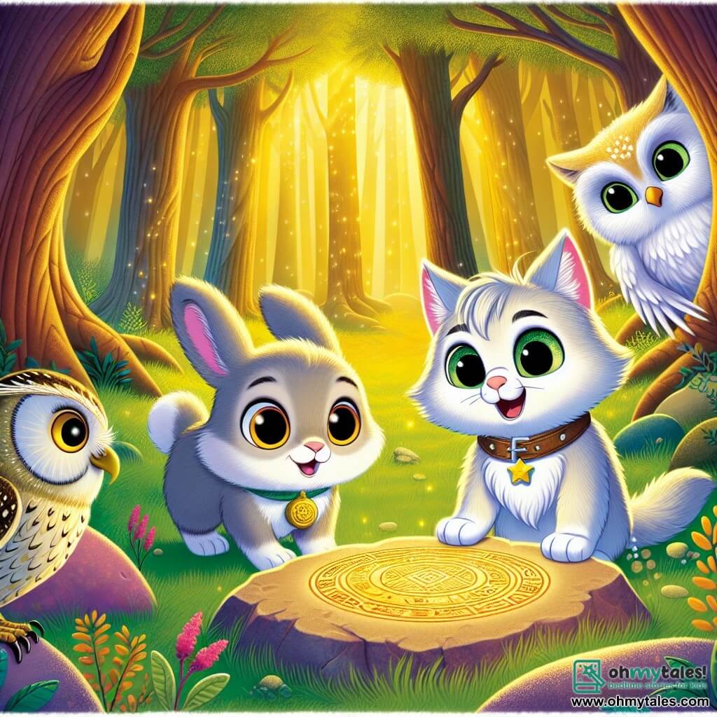 A curious cat named Oliver, with fur as soft as a cloud and eyes shining like stars, stands at the center of the scene, his expression full of wonder and excitement. Next to him, Bella, a small bunny with big ears and fluffy white fur, looks at Oliver with an encouraging expression, her front paws raised as if ready to leap. In the background, a wise owl named Olivera, with silver feathers and wise eyes, observes the scene from a tree branch, his attentive and caring gaze fixed on them. The setting is an enchanted clearing surrounded by majestic trees with thick trunks and vibrant green leaves, where golden sunlight filters through the branches, creating dancing shadows on the ground. At the center of the clearing, an ancient rock adorned with mysterious symbols glows softly, capturing the attention of the characters. The main situation shows Oliver and his friends discovering the hidden treasure, their faces illuminated with joy and excitement as they realize that the true treasure is their friendship.