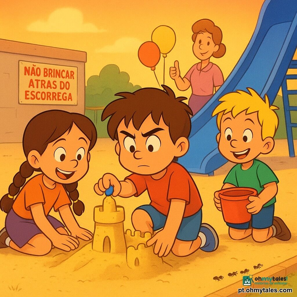 Um rapaz de 8 anos chamado Tomás, rosto redondo, cabelo castanho despenteado e olhar curioso, ajoelhado na areia a colocar uma pequena pedra azul no topo de uma torre de areia; à sua esquerda Inês, também ~8 anos, com duas tranças castanhas e sorriso luminoso, ajeitando uma rampa da cidade de areia; atrás deles Rui, ~8 anos, cabelo loiro curto, segurando um balde vermelho pronto para acrescentar areia; a professora Clara, adulta com cabelo em coque, observa à distância, de pé junto a alguns balões e com o polegar levantado; cenário: pátio escolar ensolarado anos 90, chão de cimento claro, um grande escorrega azul à direita com sombra, placa perto do pórtico escrita "Não brincar atrás do escorrega", monte de areia dourada formando um cantinho protegido; cena principal: os três constroem uma cidade de areia com torres e pontes, Tomás colocando a pedra azul como "estrela" da torre, luz dourada do fim de tarde, sombras longas, estilo cartoon anos 90 com paleta pastel saturada e traços grossos.