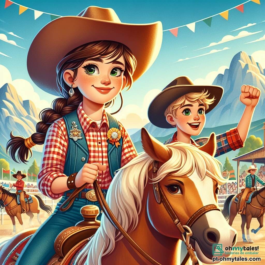 Clara, uma jovem cowgirl de 12 anos, está no centro da imagem, com um grande chapéu de cowboy, cabelos castanhos presos em uma trança e um sorriso determinado no rosto. Ela usa uma camisa xadrez vermelha e uma calça jeans, segurando firmemente as rédeas de seu cavalo, Relâmpago, um magnífico mustang com crinas douradas que brilham ao sol. Ao seu lado está Lucas, seu melhor amigo, um garoto de 11 anos com cabelos loiros bagunçados e óculos redondos, que a encoraja levantando o punho em sinal de apoio, com uma expressão de empolgação no rosto. O cenário é uma arena empoeirada, cercada por espectadores entusiasmados, com montanhas majestosas ao fundo e um céu azul brilhante. Banderolas coloridas flutuam ao vento, adicionando um toque festivo à atmosfera. A situação principal mostra Clara pronta para participar de uma competição de cowboys, determinada a provar seu valor diante de adversários mais velhos e experientes, com uma atmosfera de desafio e excitação palpável no ar.