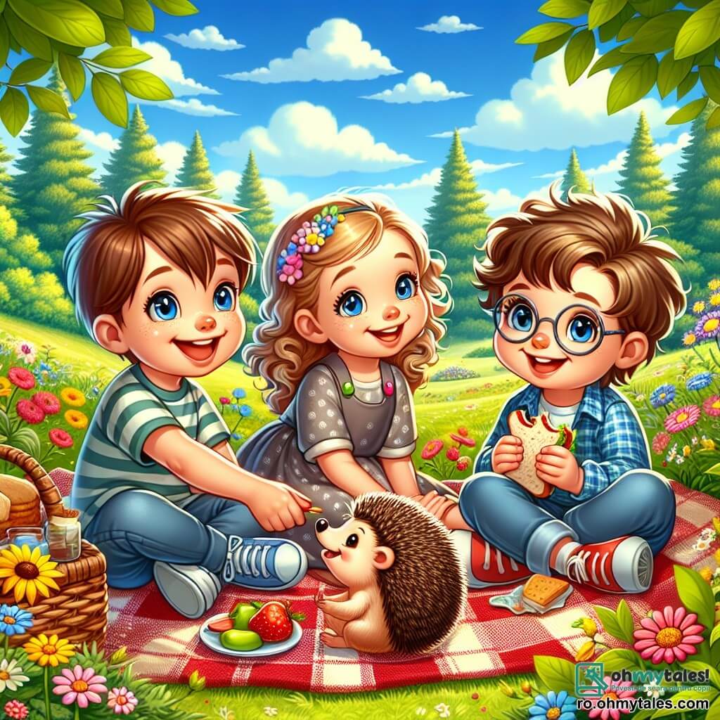 Într-o frumoasă poiană însorită, trei copii se adună pentru un picnic. Andrei, un băiat de 8 ani cu părul brun și ochii strălucitori, stă pe o pătură roșie în carouri, ținând un sandviș într-o mână și râzând cu entuziasm. Lângă el, Maria, o fetiță de 7 ani cu părul blond și creț, zâmbește arătând o floare colorată pe care tocmai a cules-o. Mai departe, Luca, un băiat de 6 ani cu ochelari și un zâmbet timid, se apleacă pentru a hrăni un arici drăguț cu o bucată de măr. Poiana este înconjurată de copaci majestuoși cu frunze verzi strălucitoare, iar flori sălbatice colorate presară solul. Cerul este de un albastru strălucitor, presărat cu câteva nori albi pufoși, în timp ce o briză ușoară face frunzele să danseze. Copiii se bucură de ziua lor de vară, râzând și împărtășind povești, în timp ce un arici curios se apropie de ei, creând o atmosferă veselă și prietenoasă.