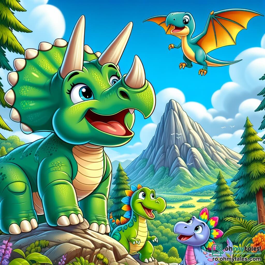Un triceratops numit Trixie, cu o piele verde strălucitoare și trei coarne distincte pe frunte, exprimă o mare bucurie și entuziasm în timp ce stă pe un vârf de munte, cu labele din față ușor ridicate, pregătit să plece în aventură. Lângă el, un stegosaurus numit Spike, cu plăci dorsale colorate și un zâmbet prietenos, îl privește pe Trixie cu admirație, în timp ce un pterodactil numit Poppy, cu aripile desfăcute și pene viu colorate, zboară deasupra lor, observând jungla de mai jos. În fundal, jungla luxuriantă se întinde cât vezi cu ochii, cu copaci uriași, flori strălucitoare și munți majestuoși sub un cer albastru deschis. Scena reprezintă momentul în care Trixie și prietenii săi se pregătesc să-l întâlnească pe Rex, legendarul T-Rex, pentru a-i cere ajutorul în protejarea casei lor.