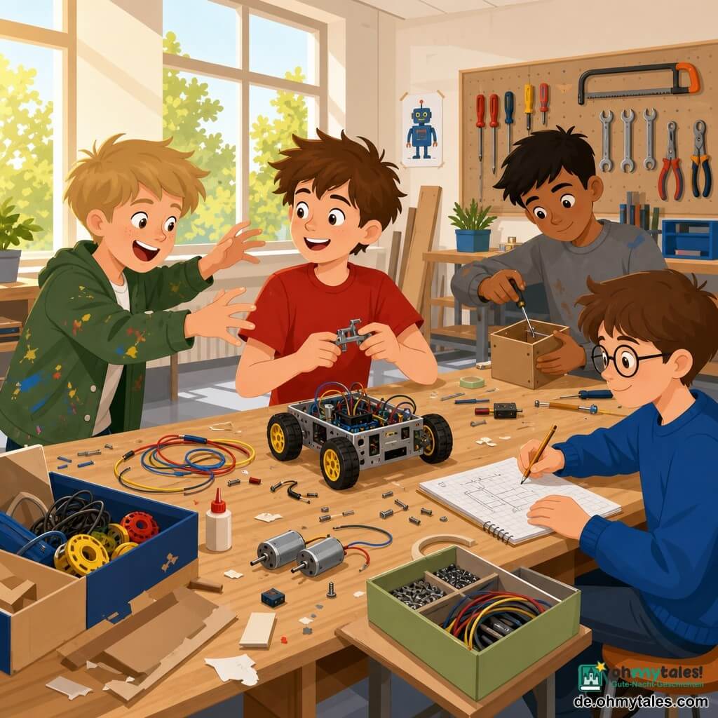 Vier Jungen, 11 Jahre: Noah, heller Teint, zerzauste braune Haare, rotes T‑Shirt, lächelt und hält ein kleines Roboterteil in der Hand, in der Mitte der Werkbank; Timo, heller Teint, kurze blonde Haare, grüne, färbige Jacke, lacht und greift nach einem Roboter, links von Noah; Ben, heller Teint, runde Brille, blauer Pullover, hält Notizbuch und Stift und misst, rechts von Noah; Emir, dunklere Haut, kurze schwarze Haare, grauer verschlissener Hoodie, ordnet Schrauben in einer kleinen Box, leicht zurückgesetzt rechts am Werkbankrand. Heller Schulwerkraum mit großen Fenstern, hellen Wänden, Holzbänken, offenen Boxen mit Schrauben, Kabeln und bunten Rädern, Werkzeuge an der Wand, Boden mit Papierresten. Die Jungs bauen gemeinsam einen kleinen Roboter mit verstreuten Teilen, bunten Kabeln und zwei sichtbaren Motoren; Emir hilft beim Aufräumen und wirkt ruhig integriert, warme Sonnenbeleuchtung, Kleber und Klebebandspuren auf dem Tisch.