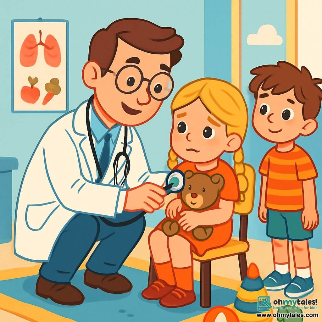 A smiling and kind doctor, Dr. Ben, wears a pristine white coat and a stethoscope around his neck. He has brown hair and round glasses that give him a friendly look. He is crouching down to examine a 7-year-old girl named Emma, who has blonde braided hair and a worried face. She is holding a teddy bear against her while sitting in a chair in the medical office. Next to them, a 6-year-old boy named Max, with messy brown hair and a scraped knee, watches curiously from a little distance, observing Dr. Ben with wide eyes. The setting is a bright and welcoming waiting room with pastel blue walls, colorful health posters, and toys scattered on a plush carpet. The main scene shows Dr. Ben reassuring Emma, gently explaining what he will do to help her feel better, while Max, intrigued, waits for his turn with a shy smile.