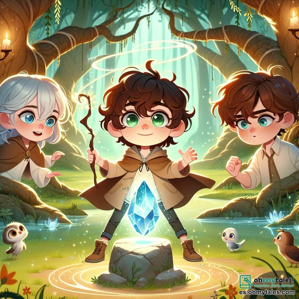 El personaje principal, Elías, es un joven mago de doce años, con cabello rizado y castaño y ojos esmeralda brillantes de emoción. Se encuentra en el centro de un claro encantado, levantando su varita mágica hacia un cristal brillante que flota sobre un pedestal de piedra, con su rostro iluminado por una luz de esperanza y determinación. A su lado, Maya, una niña de doce años con cabello plateado, murmura palabras mágicas, sus ojos azules fijos en el cristal, mientras un ligero chorro de agua gira a su alrededor, creando una aura mística. Leo, un niño de doce años con cabello castaño y ojos traviesos, está un poco más atrás, rodeado de pequeños animales del bosque que lo escuchan atentamente, listo para intervenir si es necesario. El lugar es un claro mágico, bañado en luz dorada, rodeado de árboles majestuosos y hojas brillantes, donde flores coloridas bailan al ritmo de una suave brisa. Luciérnagas iluminan la atmósfera, añadiendo un toque de fantasía a la escena. La situación principal muestra a Elías, Maya y Leo unidos en un momento de intensa concentración, mientras conjuran juntos un poderoso hechizo para liberar el Cristal de Veritas, símbolo de verdad y esperanza, enfrentando la sombra amenazante de la maldición que pesa sobre su familia.