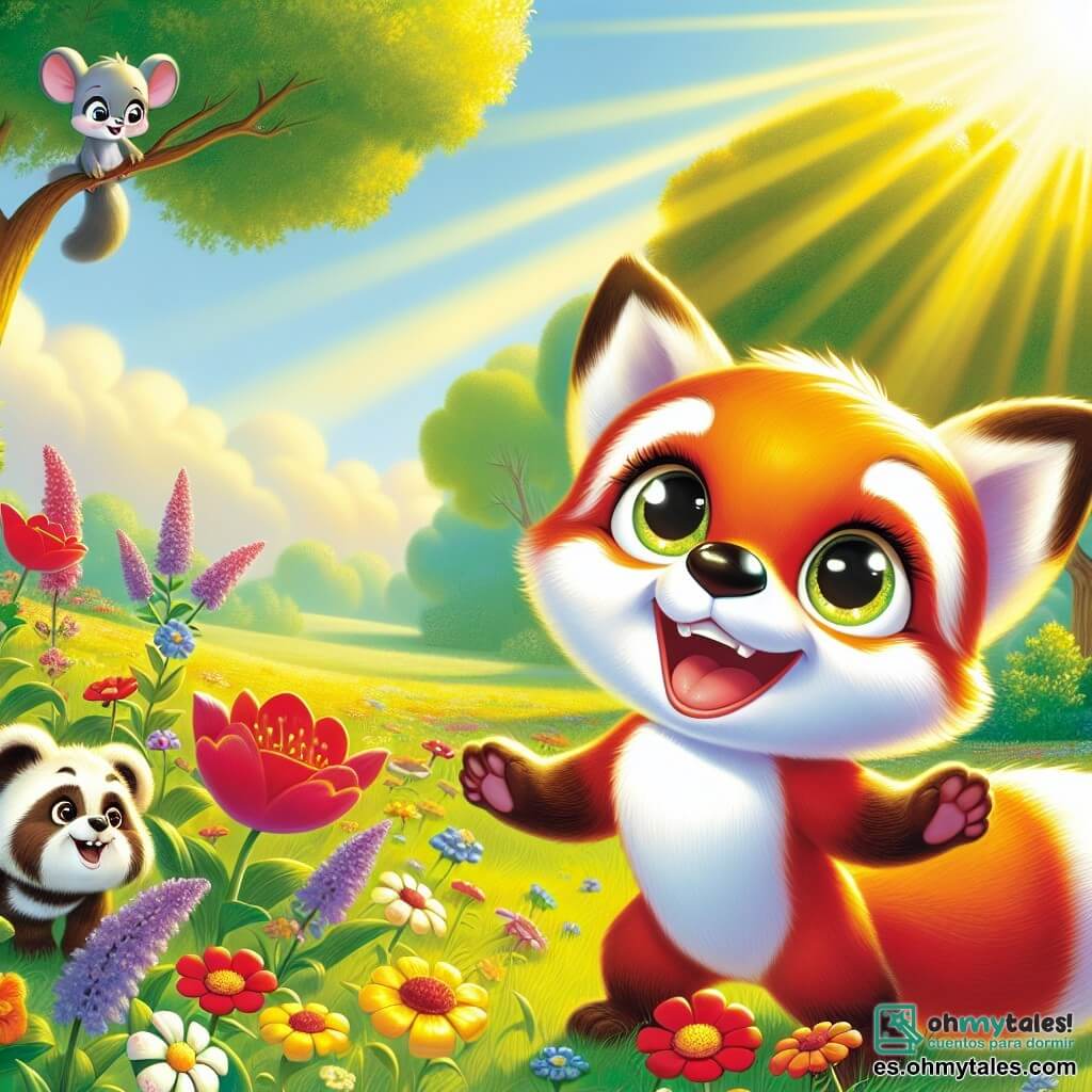 Un pequeño zorro de pelaje brillante y cola esponjosa, con ojos chispeantes de curiosidad y una amplia sonrisa, se encuentra en el centro de un prado soleado, rodeado de flores coloridas. A su derecha, un panda rojo de pelaje rojizo y rostro amigable sonríe al zorro. A la izquierda, una pequeña ratón gris con grandes orejas observa la escena desde una rama, lista para unirse a ellos. El prado es verde, bañado de luz dorada y lleno de flores de varios colores. La situación principal muestra al zorro y al panda rojo riendo juntos, mientras la ratón los observa con una sonrisa, simbolizando la amistad entre animales de diferentes especies.