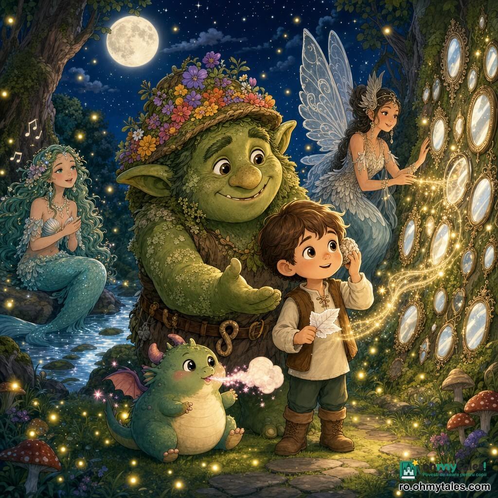 Un troll prietenos, față rotundă verde mușchi, poartă o căciuliță din flori și întinde mâna spre un băiat de circa 6 ani, păr castaniu, care ține o foaie mototolită și o scoică la ureche, arătându-i o scânteie pentru a‑l ajuta să‑și „găsească numele”; o creatură‑dragon plușată stă la picioarele copilului și suflă fum vanilat cu scântei roz, o sirenă cu păr de mușchi cântă de pe malul unui pârâu argintiu, iar o paznică jumătate femeie, jumătate pasăre, cu aripi filigran de argint veghează lângă un perete de oglinzi care trimit lumini aurii; locul e o poiană de noapte cu iarbă moale plină de licurici, trunchiuri mari mușcate, pietre plate și lună strălucitoare; atmosferă caldă, culori moi (verdele mușchi, albastru noapte, auriu pal), expresii liniștitoare, compoziție centrată pe legătura dintre troll și băiat, stil desen animat 2D, linii rotunde, textură blândă, paletă pastel potrivită copiilor de 4 ani.