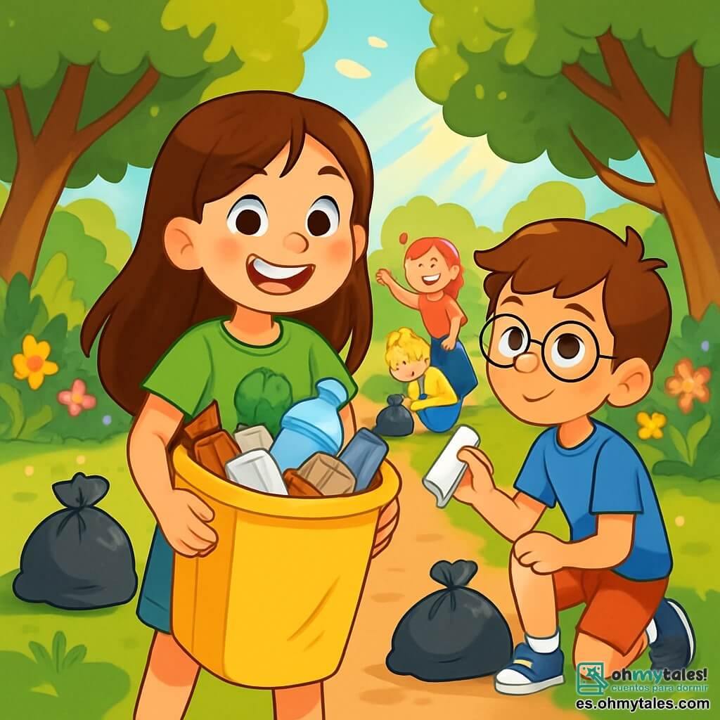 Una niña de 8 años, Clara, con largos cabellos castaños y ojos llenos de curiosidad, sonríe alegremente mientras sostiene un gran cubo amarillo lleno de basura. Lleva una camiseta verde con un dibujo de un árbol y un short de mezclilla, y parece decidida y entusiasta. A su lado, Tomás, un niño de 8 años con cabello castaño y gafas redondas, está recogiendo un trozo de plástico del suelo, con una expresión concentrada. Lleva una camiseta azul y un short rojo, y está ligeramente al fondo, mirando a Clara con admiración. El parque es verde, lleno de árboles majestuosos con hojas brillantes y flores coloridas que bordean un camino de tierra. Rayos de sol atraviesan las ramas, iluminando el espacio de manera cálida y acogedora. La escena principal muestra a Clara y Tomás, rodeados de sus amigos, limpiando el parque, riendo y animándose mutuamente. Hay bolsas de basura esparcidas a su alrededor, y la atmósfera es alegre y dinámica, ilustrando el espíritu de camaradería y compromiso con la ecología.
