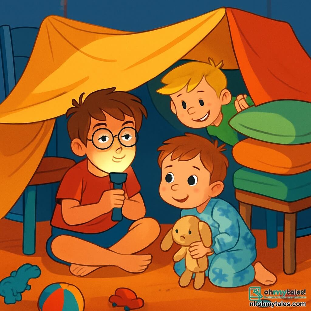 Er zijn 3 personages: - Daan: Een 10-jarig jongetje met rommelig bruin haar en een bril met ronde glazen. Hij draagt een rode t-shirt en een blauwe short. Hij zit in de fort in kleermakerszit, met een zaklamp onder zijn kin en een mysterieuze uitstraling. - Sam: Een 8-jarig jongetje met blond haar en een ondeugende glimlach. Hij is gekleed in een groene t-shirt en een gestreepte korte broek. Hij verstopt zich achter een stapel kussens, klaar om een grap uit te halen. - Tijn: Een 5-jarig jongetje met kastanjebruin haar en ronde wangen. Hij draagt een pyjama met dinosaurussen. Hij zit naast zijn grote broer, houdt zijn knuffel, een klein konijn genaamd Flap, vast en kijkt met glinsterende ogen. De situatie speelt zich af in de jongenskamer, die is omgetoverd tot een leuk fort. Stoelen zijn omgevallen, kleurrijke lakens zijn over tafels gespannen, en kussens zijn gestapeld op een barricade. Speelgoed ligt verspreid en een zacht licht filtert door de lakens, wat een warme en geheime sfeer creëert. De hoofdscène van het verhaal toont de drie broers die op een geheime missie zijn om ijsjes uit de keuken te stelen, met vastberaden en opgewonde gezichten. Ze sluipen stilletjes, klaar om alle gevaren te trotseren, zoals hun moeder met een stofzuiger, terwijl ze samen lachen en fluisteren.