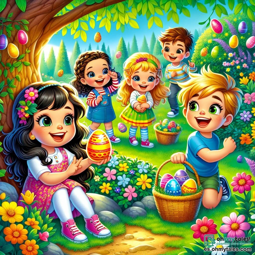En un jardín colorido de primavera, cinco niños están reunidos para una búsqueda de huevos de Pascua. Sofía (niña, 6 años) tiene el cabello largo y castaño y lleva un vestido rosa con flores, agachada junto a una maceta, sonriendo con un huevo amarillo brillante. Tomás (niño, 6 años) tiene el cabello rubio despeinado y lleva una camiseta azul, de pie con los brazos en alto en señal de victoria, cerca de un árbol. Ana (niña, 6 años) tiene el cabello negro trenzado y lleva una falda verde, buscando bajo un arbusto con ojos curiosos. Lucas (niño, 6 años) usa gafas y tiene cabello castaño, señalando un camino misterioso entre los árboles con aire intrigado. Valentina (niña, 6 años) tiene el cabello rojo y lleva una blusa amarilla, sentada en la hierba, riendo con los otros niños, rodeada de flores multicolores. El jardín está lleno de flores brillantes, mariposas revoloteando y un cielo azul claro, con un gran árbol de ramas florecidas en el centro que ofrece una sombra suave. Los niños están en plena búsqueda de huevos, riendo y exclamando alegremente al descubrir huevos coloridos escondidos entre las flores y los arbustos.