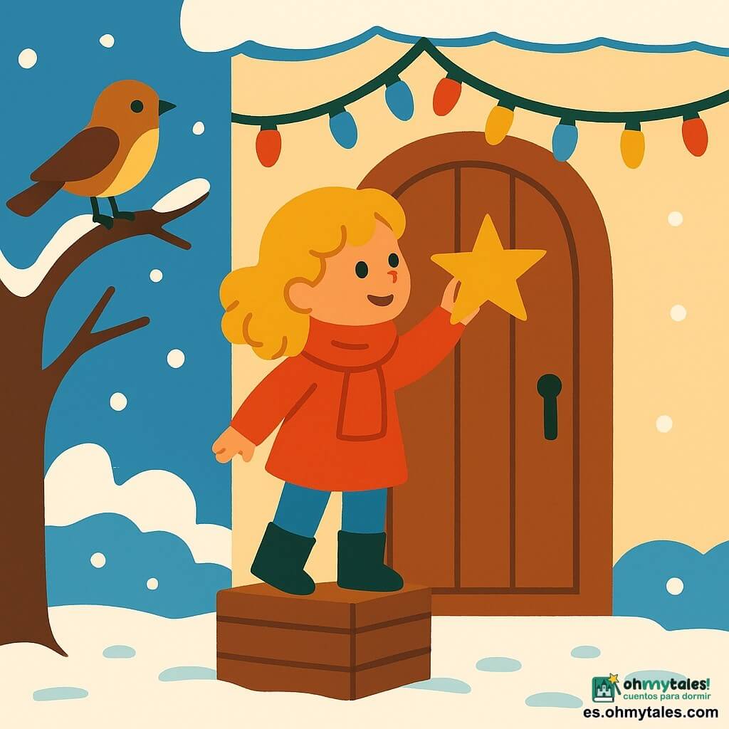 Clara, una niña de 6 años con cabello rubio y rizado, lleva una bufanda roja y botas negras. Está alegre y concentrada, de pie sobre una caja de madera frente a una puerta de madera, colgando una estrella dorada brillante. Un pequeño pájaro, Benito el gorrioncito, está posado en una rama cercana, observando a Clara con curiosidad y ánimo. La escena tiene lugar frente a una casa de campo nevada, con guirnaldas de luces de colores alrededor de la puerta. La nieve blanca y brillante cubre el suelo, creando una atmósfera invernal mágica y festiva. Clara está decorando la puerta con una estrella brillante, simbolizando la generosidad y la magia de la Navidad.