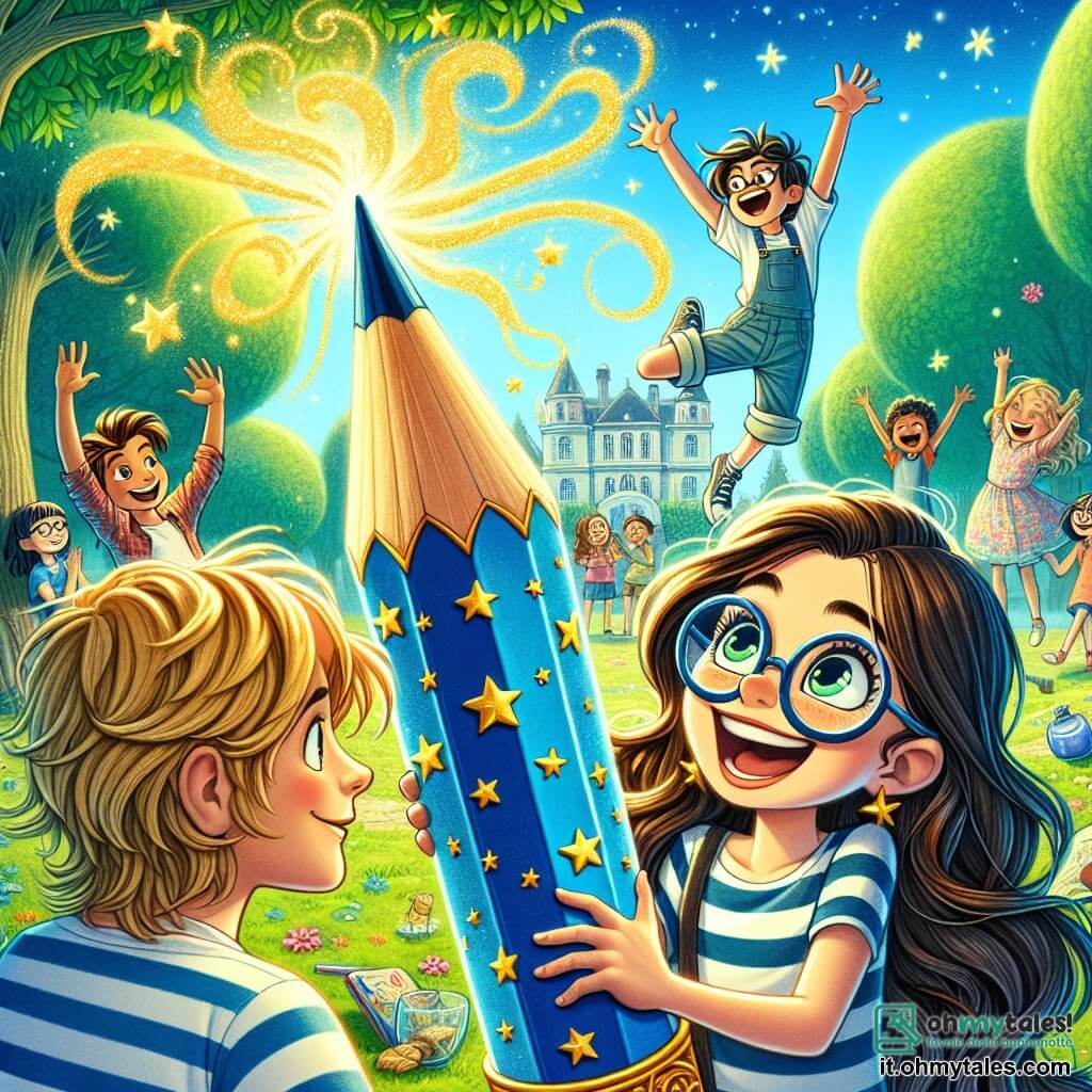 Una ragazza di 12 anni, Sofia, con lunghi capelli castani e occhiali rotondi, è al centro dell'immagine, sorridente e piena di entusiasmo, mentre tiene una enorme matita magica blu decorata con stelle dorate. Accanto a lei, il suo amico Marco, un ragazzo di 12 anni con capelli biondi disordinati e una maglietta a righe, guarda con occhi sbarrati, meravigliato dalla magia che si svolge. Giulia, un'altra amica di 12 anni, con capelli castani e un vestito colorato, salta di gioia con le braccia alzate, pronta a scrivere qualcosa di folle. Lo sfondo è un parco soleggiato, pieno di alberi verdi e fiori colorati. In lontananza, dei bambini ridono e giocano, mentre un grande albero maestoso fa da sfondo a questa scena gioiosa. La situazione principale mostra Sofia che scrive a terra con la sua matita magica, e un gelato gigante che danza felicemente accanto a loro, creando un'atmosfera festosa e stravagante. Risate e colori vivaci riempiono l'aria, mentre la magia dell'immaginazione prende vita intorno a loro.