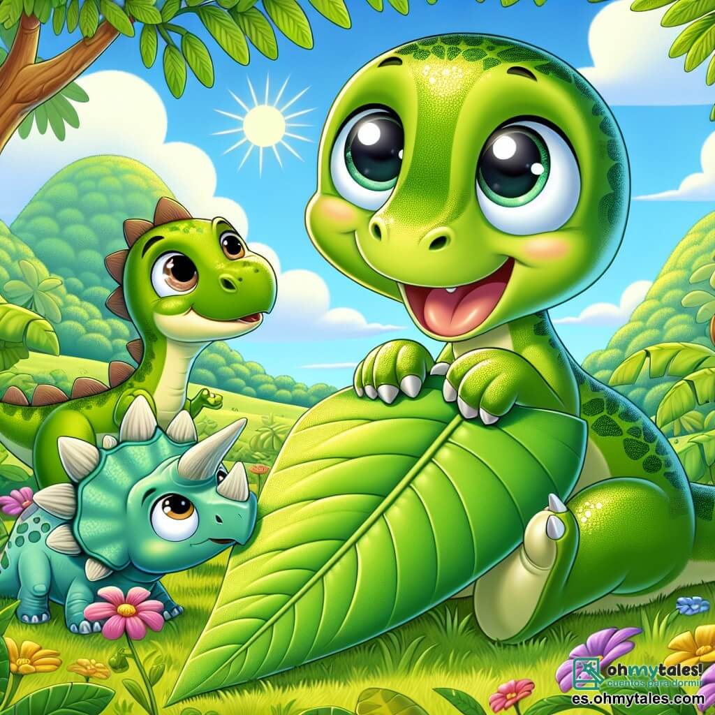 Un pequeño velocirraptor llamado Dino, con escamas verdes brillantes y ojos grandes y curiosos, está sentado sobre una gran hoja verde, mostrando una amplia sonrisa de alegría. A su lado, su mejor amiga, la triceratops Tina, con sus tres cuernos y su cuerpo robusto, mira la hoja con asombro, sus ojos brillando de felicidad. Un poco más lejos, el gentil estegosaurio Sam, con su cola adornada con grandes placas, se acerca sonriendo, listo para unirse a sus juegos. La escena tiene lugar en una vasta llanura verde, salpicada de grandes árboles con hojas exuberantes y flores coloridas, bajo un cielo azul brillante. A lo lejos, suaves colinas se dibujan en el horizonte, añadiendo belleza al paisaje. Dino, Tina y Sam están reunidos, riendo y jugando juntos alrededor de la gran hoja, compartiendo un momento de felicidad y amistad bajo el radiante sol.