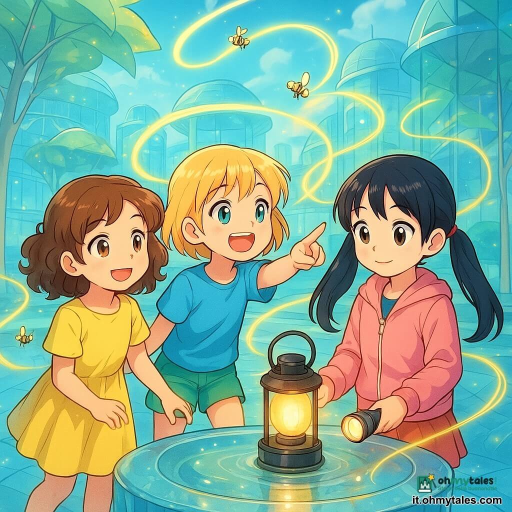 Tre bambine di 6 anni: Lina, capelli castani ricci, occhi nocciola, vestito giallo leggero, tiene la mano della bambina a sinistra e sorride guardando la lanterna sulla fontana; Mia, capelli biondi corti, maglietta blu e short verdi, ride e indica un vento di luce a destra con postura dinamica; Sara, capelli neri lunghi in due codine, giacchetta rosa, tiene la torcia accesa sul bordo della fontana e guarda le amiche con dolcezza, leggermente davanti alle altre. Luogo: grande piazza centrale di una città futuristica in vetro e metallo con cupole e edifici trasparenti che riflettono la luce, alberi giganti a foglie traslucide, percorsi di vetro sospesi e una fontana rotonda in vetro lucido con acqua scintillante; piccole api-robot luminose volano intorno. Situazione: le tre amiche riunite vicino alla fontana, la torcia al centro emette una luce calda mentre nastri luminosi che simboleggiano il vento delle storie vorticano intorno a loro; atmosfera gioiosa e solidale, colori pastello vivaci e riflessi sul vetro.