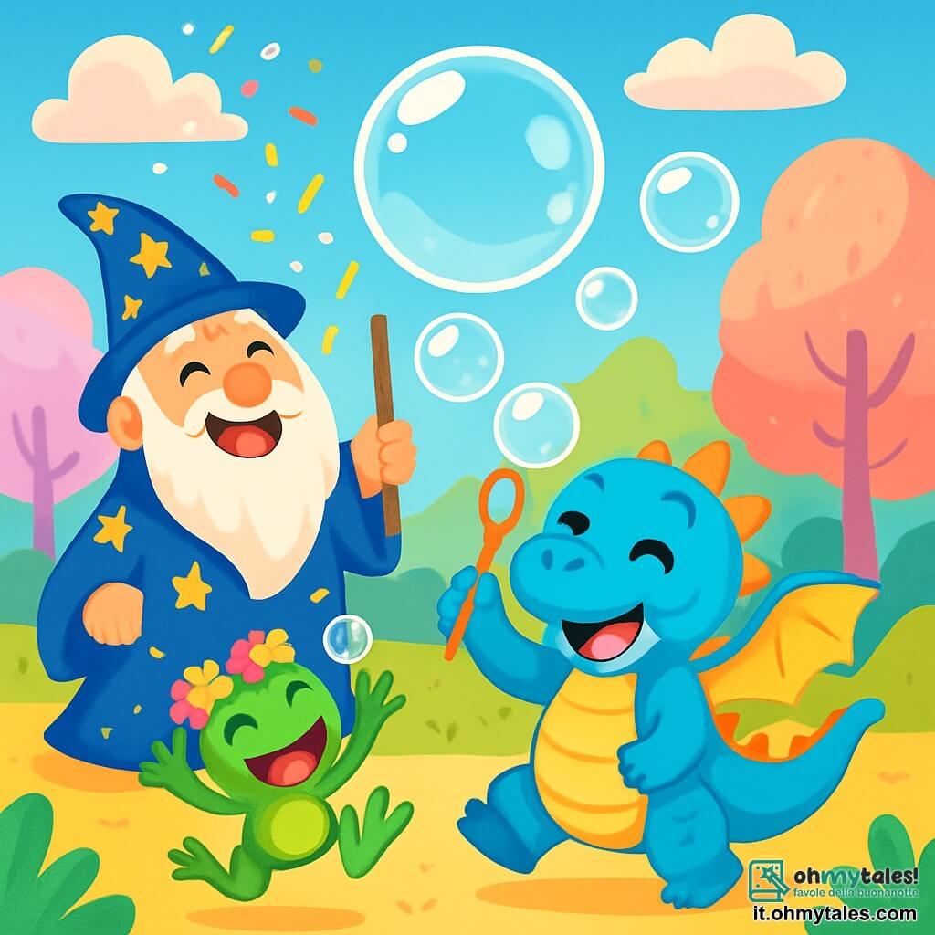 Al centro dell'immagine, un piccolo drago blu di nome Poffy, con ali gialle e una grande faccia rotonda, soffia bolle di sapone giganti, il suo viso radioso di gioia ed eccitazione. Alla sua destra, una rana verde di nome Briciola, con un cappello di fiori, salta di gioia, i suoi occhi brillanti di felicità, mentre cerca di prendere una bolla con le zampe. A sinistra, un mago corpulento con una lunga barba bianca e un cappello a punta, indossando una veste stellata, ride a crepapelle mentre una bolla scoppia sopra la sua testa, coprendolo di coriandoli colorati. Lo sfondo è una valle incantata, piena di alberi di zucchero filato dai toni pastello, con nuvole rosa fluttuanti e un cielo blu brillante, creando un'atmosfera gioiosa e magica. La scena mostra Poffy che crea bolle di sapone che fluttuano nell'aria, mentre tutti i personaggi ridono e si divertono, celebrando la magia delle bolle e l'amicizia in un momento di pura felicità.