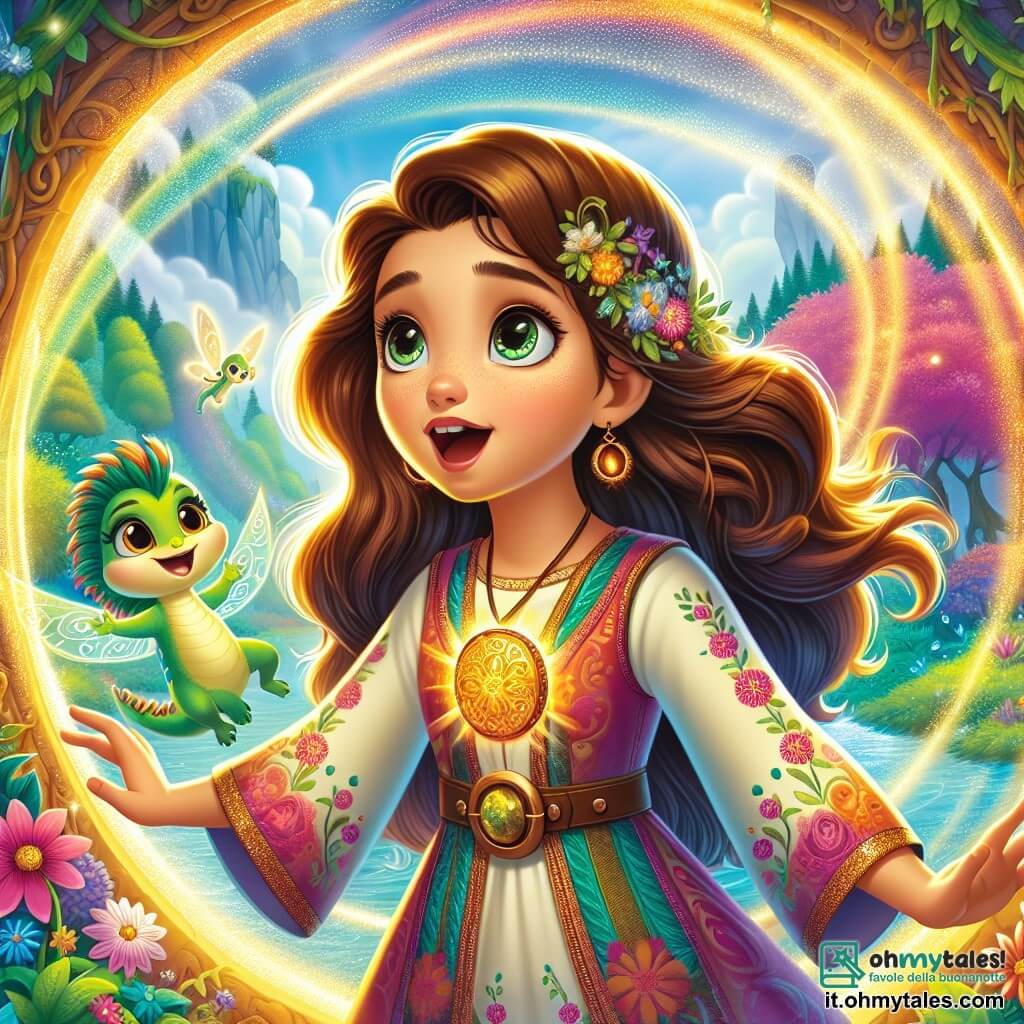 Al centro dell'immagine, una ragazza di 11 anni, Lila, si trova con uno sguardo meravigliato e coraggioso. Ha lunghi capelli castani che fluttuano nel vento, occhi color nocciola brillanti di curiosità, e indossa una tunica colorata con motivi floreali. Nella sua mano tiene un amuleto di bronzo scintillante, illuminato da una luce dorata, mentre si trova davanti a un portale magico che vortica di colori vivaci. Accanto a lei, un piccolo drago di nome Fion, con squame verdi luccicanti e ali trasparenti, vola gioiosamente attorno a lei. Sorride amichevolmente e sembra incoraggiare Lila nella sua avventura. Il paesaggio è una valle incantata, piena di alberi maestosi con foglie verdi brillanti, fiori dai colori vivaci e un cielo blu punteggiato di nuvole morbide. In secondo piano, creature fantastiche danzano e giocano, aggiungendo un tocco di magia all'insieme. La situazione principale mostra Lila pronta a entrare nel portale scintillante, con un mix di eccitazione e determinazione sul volto, mentre Fion la incoraggia entusiasticamente, pronto ad accompagnarla in questa nuova avventura magica.