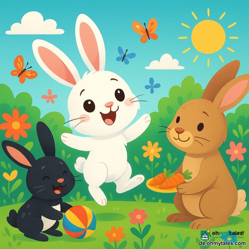 In der Mitte des Bildes springt Lilly, ein kleiner Hase mit großen Ohren und weichem, weißem Fell, voller Freude und mit neugierigen, strahlenden Augen, enthusiastisch in einen sonnigen Garten, umgeben von bunten Blumen und schwirrenden Schmetterlingen. Rechts von ihr lächelt ihre Mama, eine hellbraune Häsin, zärtlich und hält einen kleinen Teller mit frischen Karotten, während links ihr Papa, ein schwarzer Hase mit weißen Flecken, lachend mit einem bunten Ball spielt. Der Garten ist üppig grün, mit einem strahlend blauen Himmel und flauschigen Wolken, was eine fröhliche und einladende Atmosphäre schafft. Lilly, voller Energie, bereitet sich darauf vor, zu ihren Eltern zu springen, um ihre Freude an einem Familientag zu teilen.