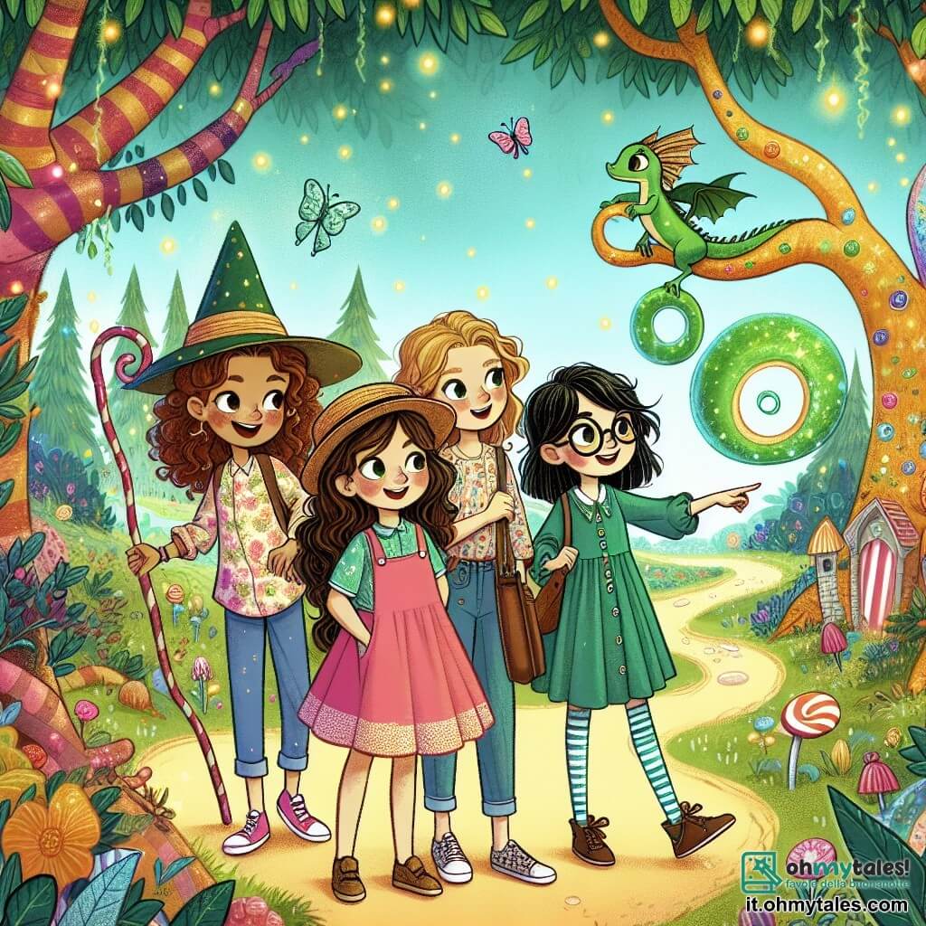 In una foresta incantata, quattro amiche sono insieme, pronte per l'avventura. **Mia**, una ragazza di 10 anni con capelli ricci e castani, indossa un vestito rosa acceso e un cappello di paglia. Al suo fianco, **Laura**, una ragazza di 9 anni con capelli biondi e occhiali tondi, indossa una camicia a fiori e un pantaloncino di jeans, osserva curiosa un albero con foglie dorate. A sinistra, **Giulia**, una ragazza di 10 anni con capelli lisci e neri, vestita con una tunica verde, indica un sentiero misterioso. Infine, **Sara**, una ragazza di 9 anni con capelli castani e una treccia, in abbigliamento blu, osserva un piccolo drago verde brillante che vola intorno a loro. La foresta è magica, con alberi dai tronchi colorati, fiori vivaci e un cielo blu punteggiato di nuvole a forma di caramelle. Vicino scorre un ruscello scintillante, aggiungendo un tocco di magia all'ambiente. Le quattro amiche scoprono un grande albero con radici colorate, dove trovano uova di Pasqua scintillanti, pronte per essere esplorate. L'emozione è palpabile mentre si preparano a risolvere enigmi per ritrovare un uovo magico rubato da un goblin.