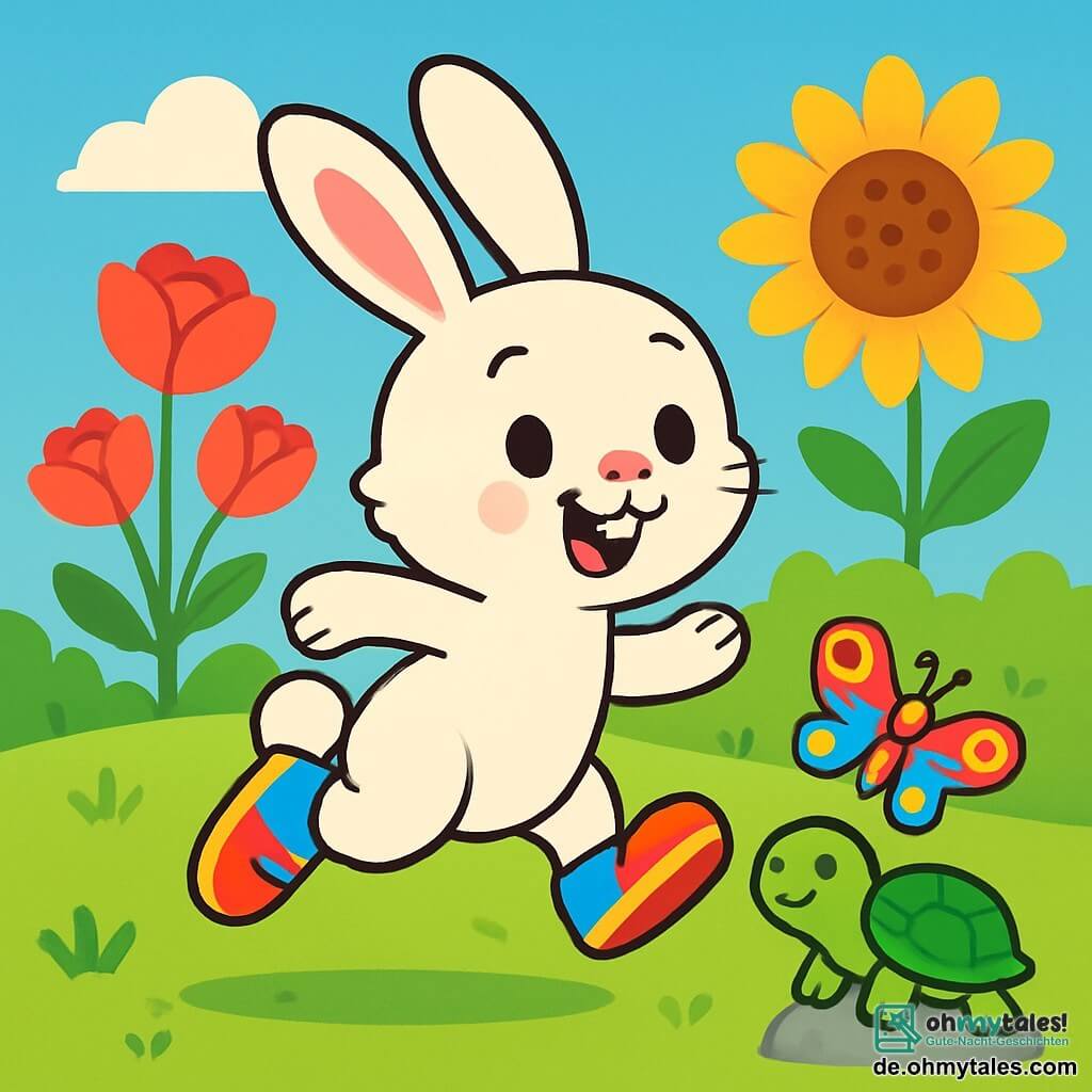 Ein kleiner Hase mit großen Ohren, weichem, weißem Fell und funkelnden Augen springt fröhlich über ein grünes Feld. Er trägt bunte, rote und blaue Schuhe, die in der Sonne glänzen. Neben ihm tanzt ein Schmetterling mit bunten Flügeln in der Luft, während eine grüne, schimmernde Schildkröte friedlich auf einem Stein ruht. Im Hintergrund blühen große, leuchtende Blumen wie Rosen und Sonnenblumen unter einem hellblauen Himmel. Die Szene zeigt den Hasen, der bereit ist, an einem Kuchenrennen teilzunehmen, mit einem breiten Lächeln im Gesicht, umgeben von seinen aufgeregten tierischen Freunden.