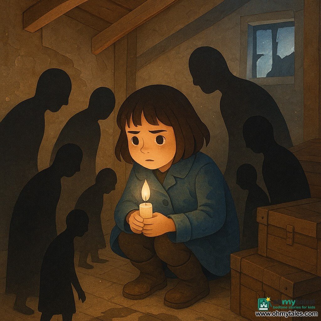 A 10-year-old girl with short brown hair and bangs, a round face and a brave-yet-worried look, crouches by an old wooden trunk in a worn blue coat holding a small lit white candle to her chest; soft, paper-cut black shadow silhouettes in a semicircle—some adult-sized, some small—lean toward the light while a larger, protective shadow stands by a broken skylight facing the street; an old attic with pale wooden beams, cracked floorboards, stacked trunks and moonlit dust sets a slightly unsettling but gentle scene as the warm candle flame casts living shadow shapes across the floor against the cold attic darkness.