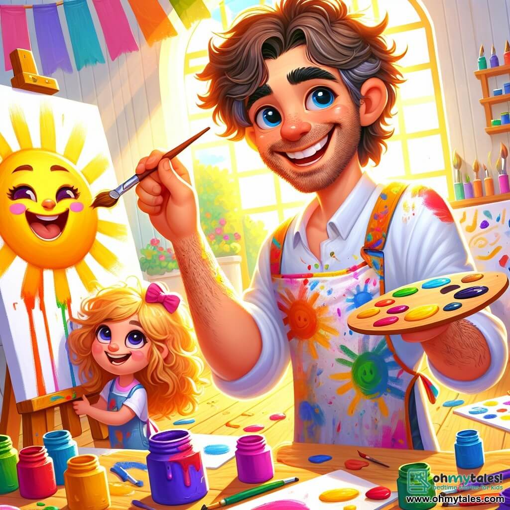 A cheerful man, Max, stands in his bright art studio with messy brown hair and a beaming smile. He wears a colorful paint-splattered apron and holds a brush in one hand, painting a large smiling sun on a canvas. Next to him, Sam, a curly-haired blonde girl about 7 years old, watches in awe with sparkling eyes. She holds a palette of bright colors and stands on her tiptoes to get a better view of the painting. The studio is filled with vibrant paint pots, multicolored crayons, and scattered sheets of paper. Sunlight filters through the window, illuminating the bright colors and creating a joyful, inspiring atmosphere. In this scene, Max and Sam are creating together, sharing their passion for art, while colorful paint splatters fly around them, adding a touch of magic to their creative day.