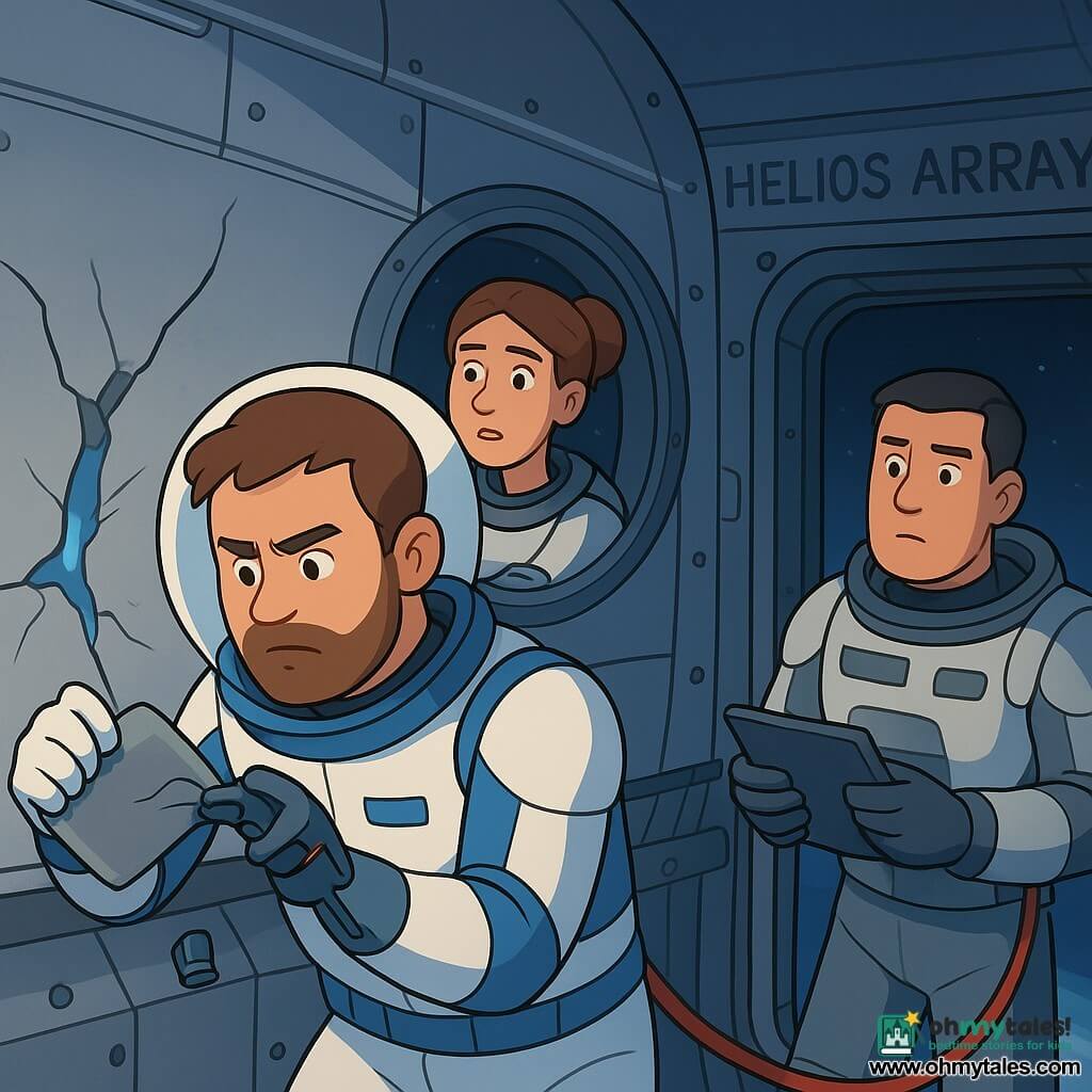 The main character is Milo, a round-faced man with a stubble beard, focused and brave expression, squinting eyes, wearing white-and-blue spacesuit gloves; he presses a large flexible patch against a crack in the station's metal hull, holding pliers and a resin cartridge. A woman, Lysa, about 32, chestnut hair in a bun, tired but reassuring, stands in an interior porthole frame giving instructions via her mic with hands on the control panel. A man, Jae, about 30, broad and square with his helmet up, stands near the airlock holding a shiny tablet and monitoring safety tether lines, watching Milo with controlled concern. The scene is the exterior of the Helios Array: curved silver metal panels, bright bolts, dark-gray rails, small blue guide lights, and Earth in the background with white clouds and a thin orange dawn at the horizon. The main situation: zero-G patching—Milo applying a patch to a fine crack emitting a bluish glow, safety tethers taut, small tools floating, palpable tension but precise, methodical heroic calm, crisp colors and strong contrasts between station shadow and terrestrial glow.