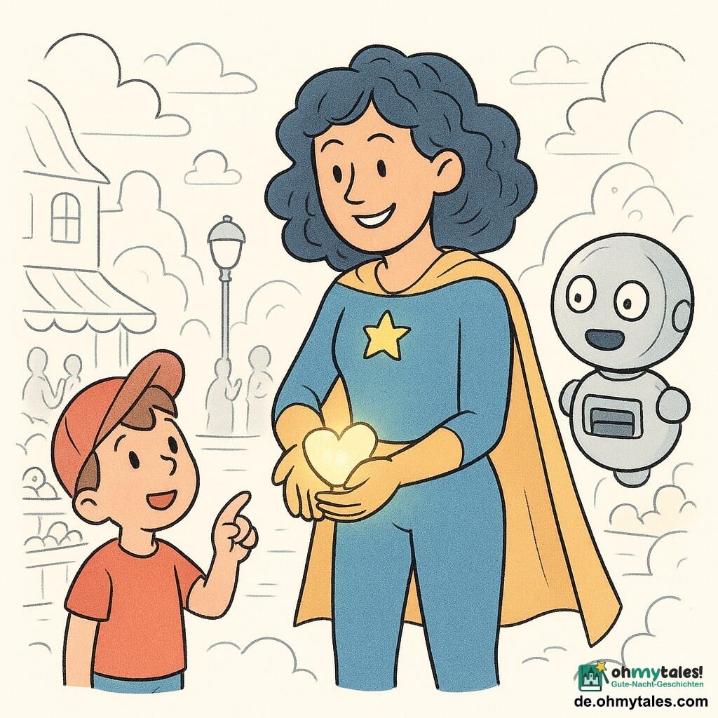 Eine lächelnde, wohlwollende Superheldin, groß, mit schwarzen lockigen Haaren, blau-goldenem Kostüm und einem kleinen leuchtenden Stern auf der Brust, hält zwischen den Händen eine kleine bonbonförmige Batterie aus Licht; links neben ihr steht ein etwa sechsjähriger Junge mit großer Strähne und roter Kappe, der staunend zeigt; vor der Heldin schwebt ein silberner Ballonroboter mit einfachem Gesicht und runden LED-Augen, der ein Fach öffnet und einen leeren Akku zeigt, mit verspieltem, erstaunten Ausdruck; Schauplatz ist ein Marktplatz in den Wolken mit rundgedeckten Häusern, runden Laternen, Ständen mit stilisierten Früchten und applaudierenden Silhouetten im Hintergrund; die Heldin reicht dem Roboter die Licht-Bonbon-Batterie, die Lampen erwachen langsam wieder zum Leben, warme sichere Atmosphäre, klare Linien, einfache Formen und kräftige Konturen für Kinder.