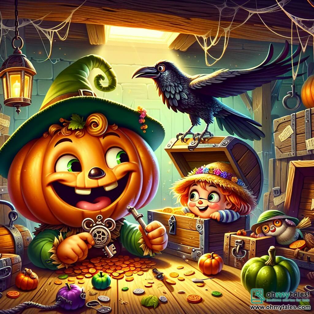 A cheerful and plump pumpkin named Percy, with a big smile and a green hat, rolls enthusiastically into the center of the scene, his eyes sparkling with curiosity. Next to him, Sophie the Scarecrow, with a straw body and a flower-adorned straw hat, smiles with button eyes, holding candy apples while admiring the found treasure. Robbie the Crow, perched on an old beam, has shiny black feathers and mischievous eyes, cawing with excitement, his wings slightly spread. The setting is a dusty old attic filled with cobwebs, old wooden chests, and golden light filtering through a broken window, illuminating forgotten objects. The main scene shows Percy inserting an ancient key into a rusty lock, ready to open a mysterious door, while his friends encourage him with expressions of wonder on their faces.