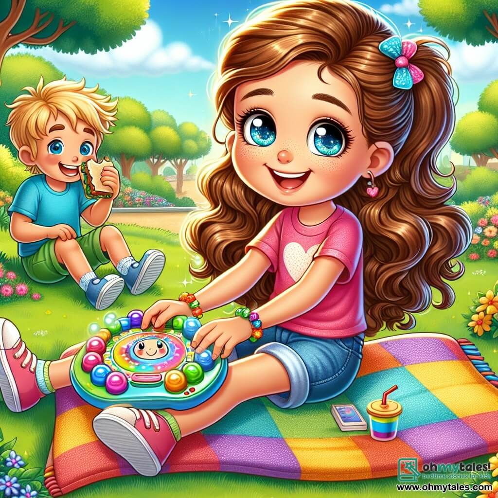 An 8-year-old girl, Mia, with big sparkling eyes and curly brown hair, is sitting on a colorful blanket in the park, smiling enthusiastically as she shows her activity balance board to her friends. She is wearing a pink t-shirt and denim shorts, and her face radiates joy. Next to her, Jake, an 8-year-old boy with red glasses and messy blonde hair, is laughing while holding a sandwich. He is wearing a blue t-shirt and green shorts, sitting cross-legged and attentively looking at Mia's board. Lily, another 8-year-old girl with long smooth hair tied in two pigtails, is standing behind Mia, holding a book in her hands, fascinated by the screen-free activities Mia has listed. She is wearing a colorful floral dress and has a curious smile. The park is green and sunny, with majestic trees, bright colorful flowers, and a clear blue sky dotted with fluffy white clouds. The laughter of children fills the air, and a large colorful kite rises in the sky. The main scene shows Mia and her friends sharing ideas about balancing screen time and playing together outdoors, surrounded by the beauty of nature and friendship.