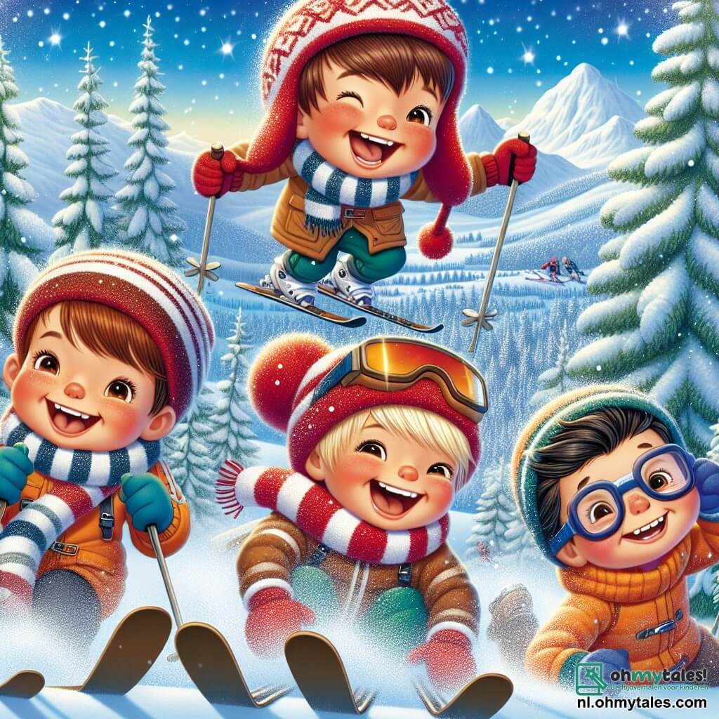 In een magisch winterlandschap staan vier jongens van zeven jaar samen. Tim, een jongen met bruin haar, draagt een grote warme rode muts en een gestreepte sjaal. Hij lacht terwijl hij op zijn ski's glijdt. Naast hem maakt Lars, met blond haar en blauwe handschoenen, een gek gezicht terwijl hij zich voorbereidt om de helling af te gaan. Joris, een jongen met kastanjebruin haar en een bril, valt in de sneeuw met zijn armen wijd open en een grote glimlach op zijn gezicht. Ten slotte helpt Finn, een jongen met zwart haar en een geconcentreerde uitdrukking, Joris om op te staan terwijl hij zijn eigen ski's vasthoudt. De achtergrond is een besneeuwde heuvel bedekt met een dikke laag glinsterende sneeuw onder de winterzon. In de verte staan majestueuze dennenbomen vol sneeuw en de lucht is helderblauw. Sneeuwvlokken vallen zachtjes, wat een vleugje magie aan de scène toevoegt. De jongens bereiden zich voor op een skirace, elk met een grote glimlach en een overvloed aan energie, klaar om de sneeuw in te duiken, wat een vrolijke en avontuurlijke sfeer creëert.