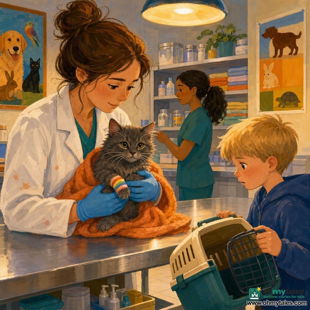 A calm, attentive female veterinarian with soft features and messy chestnut bun, wearing a slightly stained white coat and blue gloves, gently holds a small grey cat wrapped in a warm towel; the cat, Sir Whiskers, fluffy with smoke-gray fur, white whiskers and a front paw bandaged with a small rainbow-striped plaster, looks half-closed, wary but reassured. Beside them a worried yet attentive blond boy of about eight holds the open carrier near a shiny stainless exam table in a bright clinic with cream tiled floor, shelves of jars and folded blankets, and colorful "ANIMAL HEALTH" posters on the wall; a round lamp casts warm light. The scene emphasizes the veterinarian’s slow, precise, comforting care, rendered in gouache with visible thick brushstrokes and soft, warm contrasts.