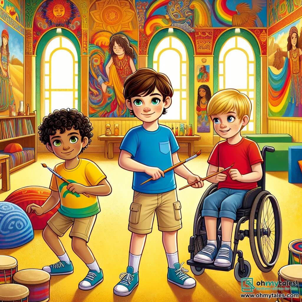 Three eleven-year-old boys stand at the center of a warm, colorful room. Daniel, with brown hair and sparkling eyes, wears a blue t-shirt and beige shorts; he leans slightly forward with an enthusiastic smile, holding a paintbrush in one hand. To his right, Liam, with blonde hair and green eyes, is dressed in a bright yellow t-shirt and jeans, dancing in place with his arms raised, full of energy. On the left, Noah, with chestnut hair and brown eyes, sits in his wheelchair, wearing a red t-shirt and shorts, smiling warmly at his friends while holding a drum.

The location is the Riverton Cultural Center, a bright and welcoming space with walls adorned with beautiful murals depicting scenes from various cultures around the world. Colorful cushions are placed on the floor, and various musical instruments are scattered around the room, creating a festive and inspiring atmosphere.

The main scene shows the three friends creating a collaborative artwork together, blending their styles and colors while listening to stories told by an inspiring artist. They are surrounded by other children, all captivated by the magic of diversity and creativity that unites them.