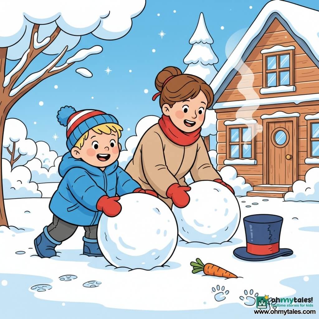 A joyful 2-year-old blond boy in a bright padded blue coat, striped red-and-white hat, mittens and boots is smiling widely with rosy cheeks as he pushes a large snowball with both hands while his calm, smiling mother in a beige coat and red scarf kneels slightly behind him to help roll another ball in a snowy garden before a wooden house with frosted windows; sunlit snow sparkles on branches, cute footprints trail nearby, and they are building a happy snowman—two stacked snowballs, an orange carrot ready for the nose, an old hat lying beside, small child hands pressed to the snow and warm breath visible near the house door.