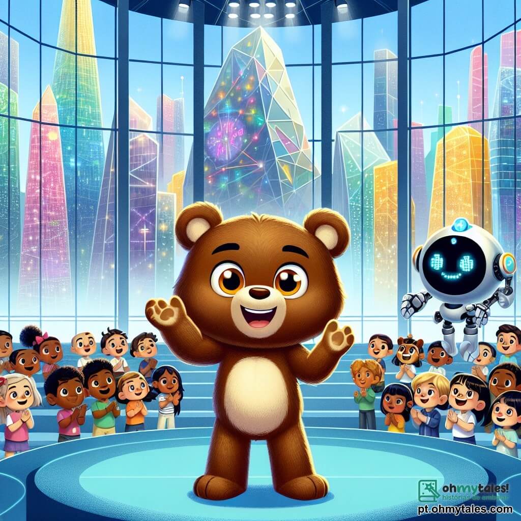 Bruno, um jovem urso de pelúcia com pelos macios e marrons, grandes olhos curiosos e um sorriso radiante, está no centro da cena, com os braços levantados em sinal de vitória, transbordando de excitação e orgulho após apresentar seu projeto inovador. Ao seu lado, Lúcio, um pequeno robô de formas arredondadas e luzes cintilantes, flutua alegremente, exibindo um rosto holográfico sorridente e aplaudindo entusiasticamente, com seus braços mecânicos batendo no ar. Ao fundo, um grupo de crianças de diferentes origens, todas sorridentes e cativadas, com os olhos brilhando de admiração, está perto de uma grande janela que mostra a cidade futurista de Luminópolis, com seus arranha-céus de cristal colorido, jardins verticais luxuriantes e estradas aéreas iluminadas por néons vibrantes. A cena acontece em um auditório moderno, com paredes transparentes, onde a luz do sol filtra, criando uma atmosfera calorosa e acolhedora, enquanto hologramas flutuam ao redor, mostrando ideias e invenções futuristas. Bruno e seus amigos celebram sua apresentação bem-sucedida, cercados por uma atmosfera de entusiasmo e camaradagem, prontos para mudar o mundo com suas ideias brilhantes.